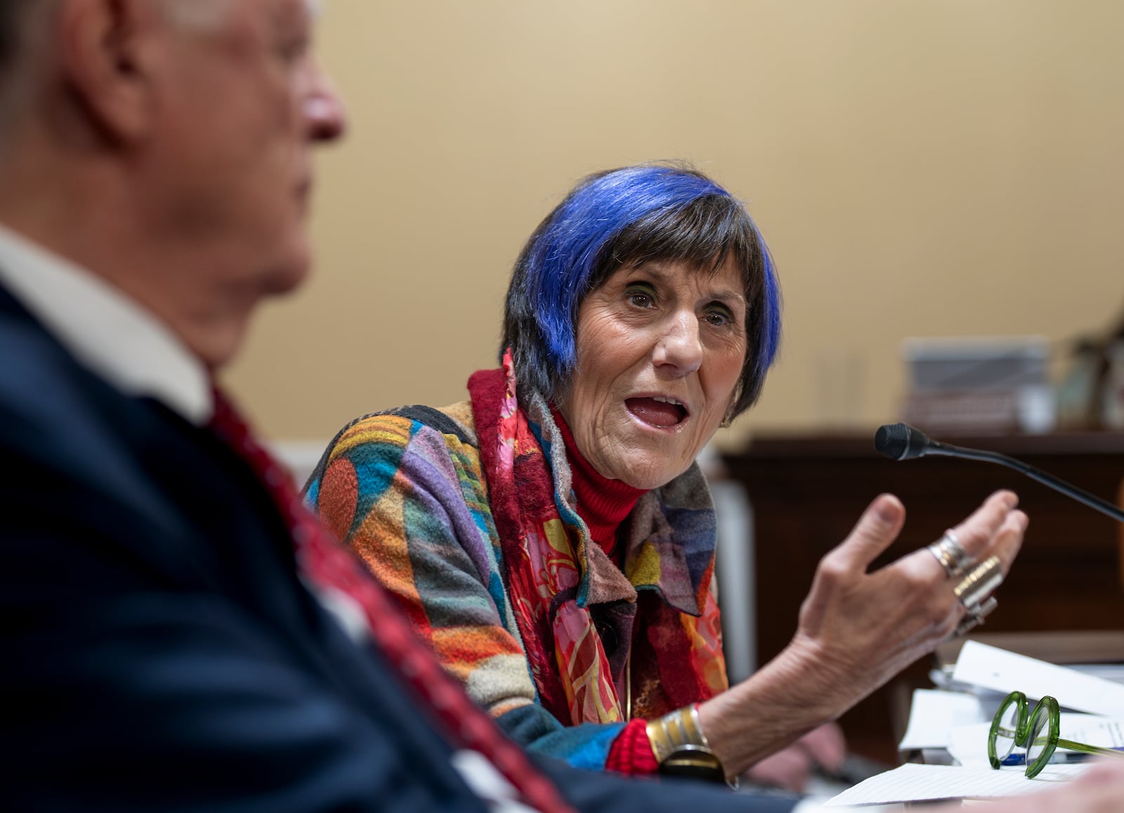 Rep. Rosa DeLauro, D-Conn., the ranking member of the House Appropriations Committee, joined at left by Appropriations Chairman Tom Cole, R-Okla., answers a question from a Republican member of the House Rules Committee as they prepare a spending bill that would keep federal agencies funded through Sept. 30, at the Capitol, in Washington, Monday, March 10, 2025. (AP Photo/J. Scott Applewhite)