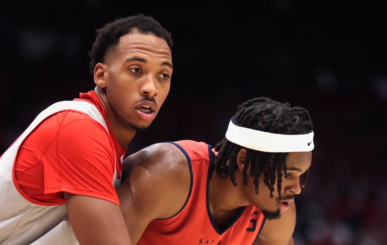 Ohio State's Zed Key, left, blocks out Dayton's DaRon Holmes II on a free-throw attempt during an exhibition on Sunday, Oct. 22, 2023, at UD Arena. David Jablonski/Staff