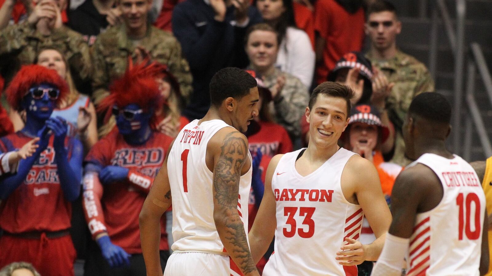 Dayton’s Ryan Mikesell smiles after a basket against Coppin State on Saturday, Nov. 10, 2018, at UD Arena. David Jablonski/Staff