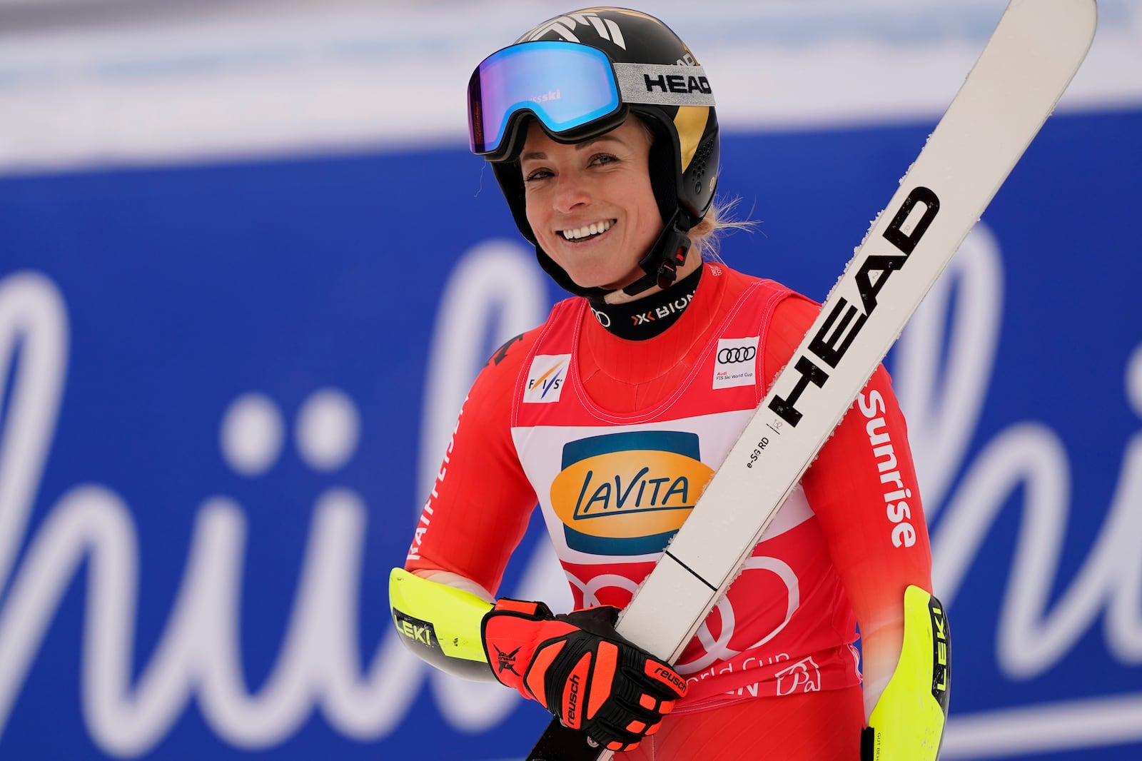 Switzerland's Lara Gut Behrami reacts after completing an alpine ski, women's World Cup super G, in Garmisch, Germany, Sunday, Jan. 26, 2025. (AP Photo/Piermarco Tacca)