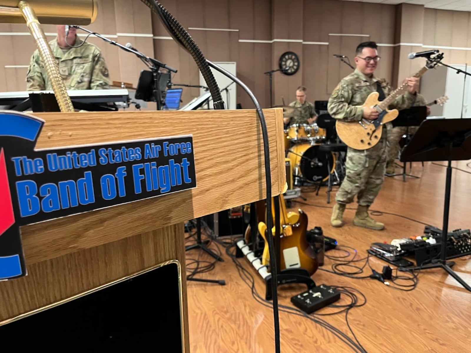 Air Force Band of Flight Flight One guitarist Christopher Arellano at a recent rehearsal at Wright-Patterson Air Force Base. THOMAS GNAU/STAFF