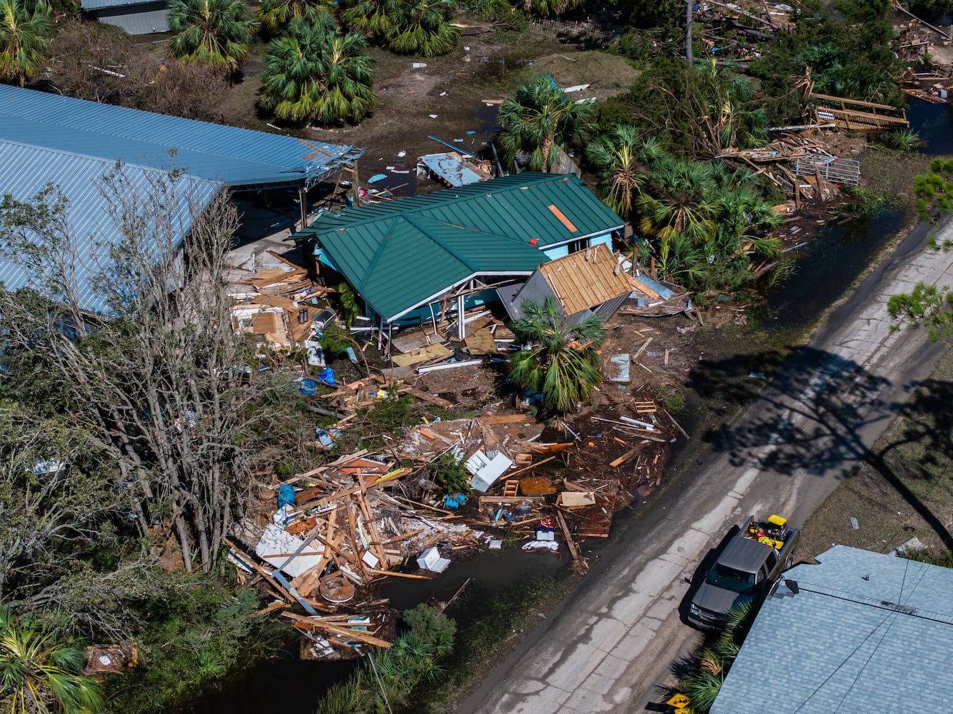 Destroyed and damaged homes after Hurricane Helene in the community of Cedar Island near Keaton Beach, Fla., on Friday, Sept. 27, 2024.  (Paul Ratje/The New York Times)