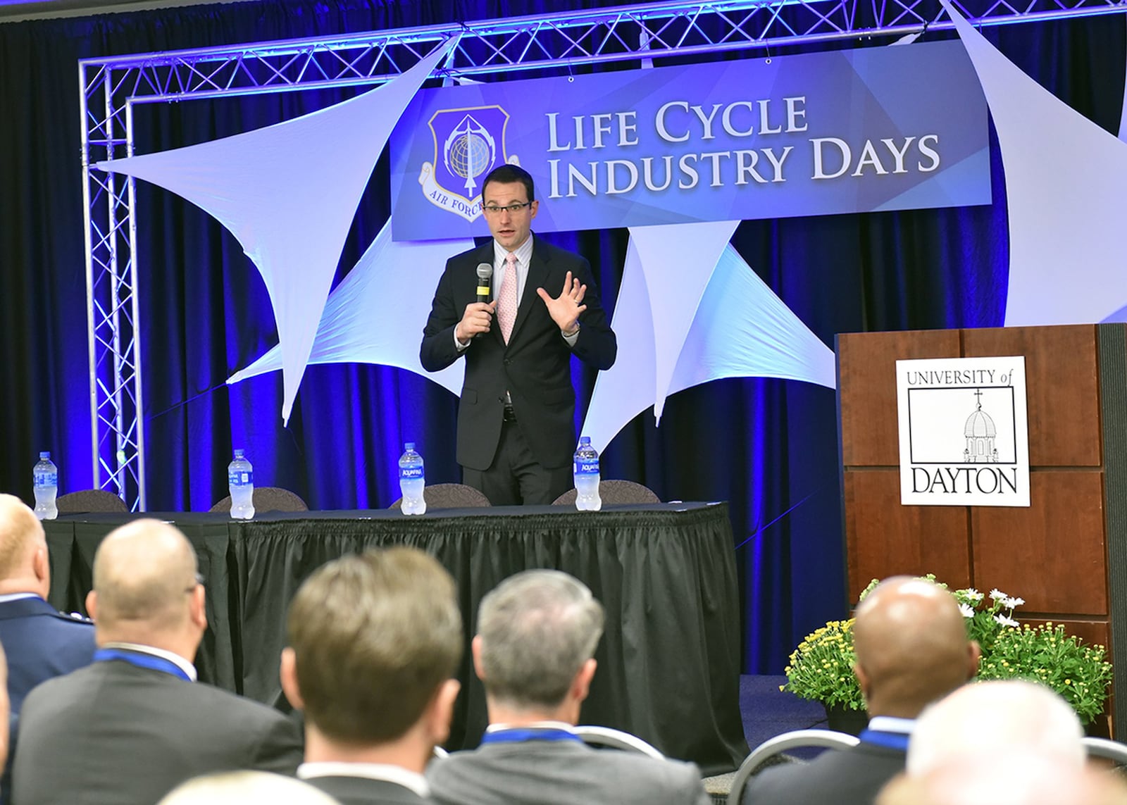 Dr. Will Roper, assistant secretary of the Air Force for Acquisition, Technology and Logistics, speaks during the Air Force Life Cycle Management Center’s Life Cycle Industry Days at the University of Dayton River Campus in 2018. (U.S. Air Force photo/Al Bright)