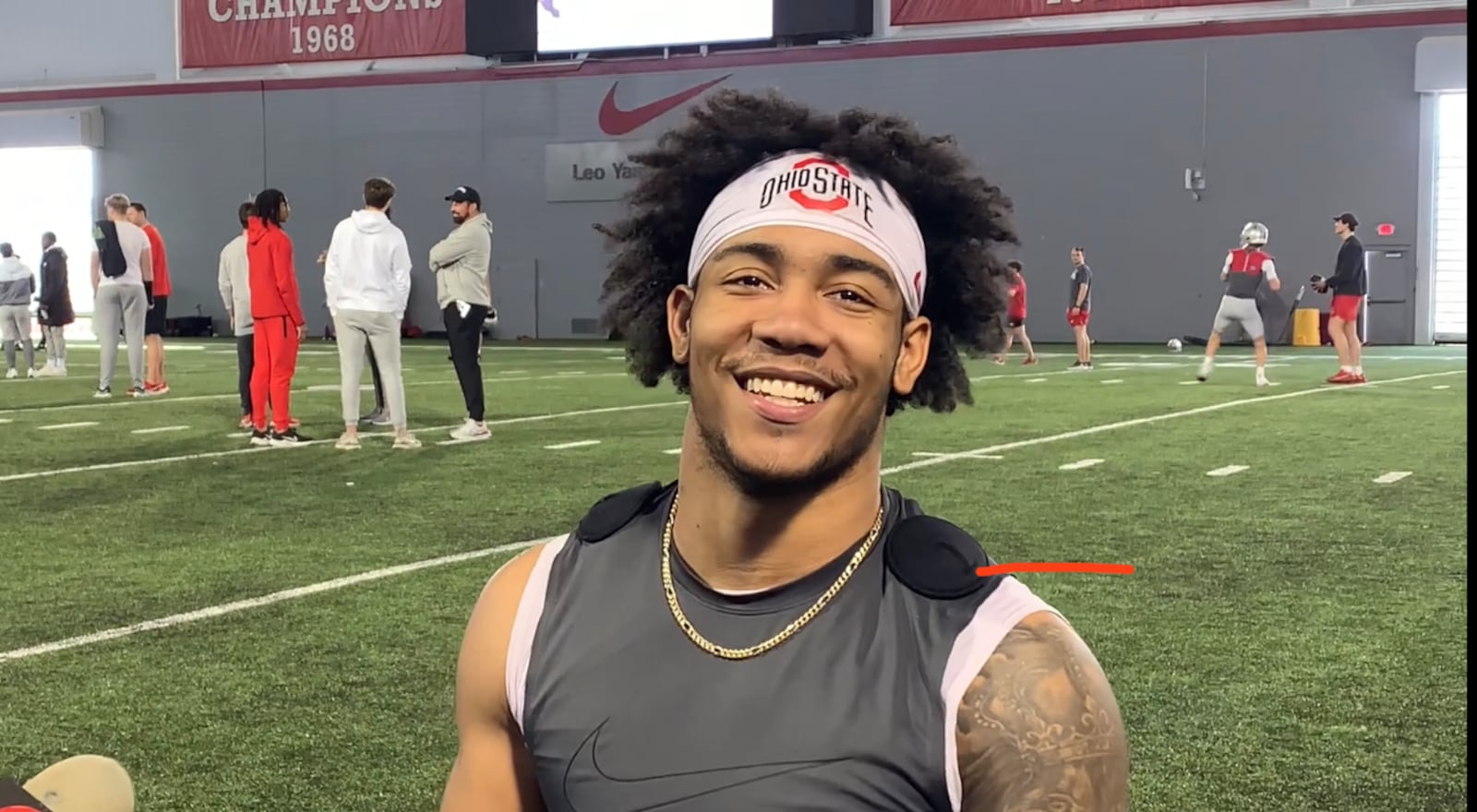 Ohio State linebacker C.J. Hicks smiles during an interview in March 2023 in Columbus