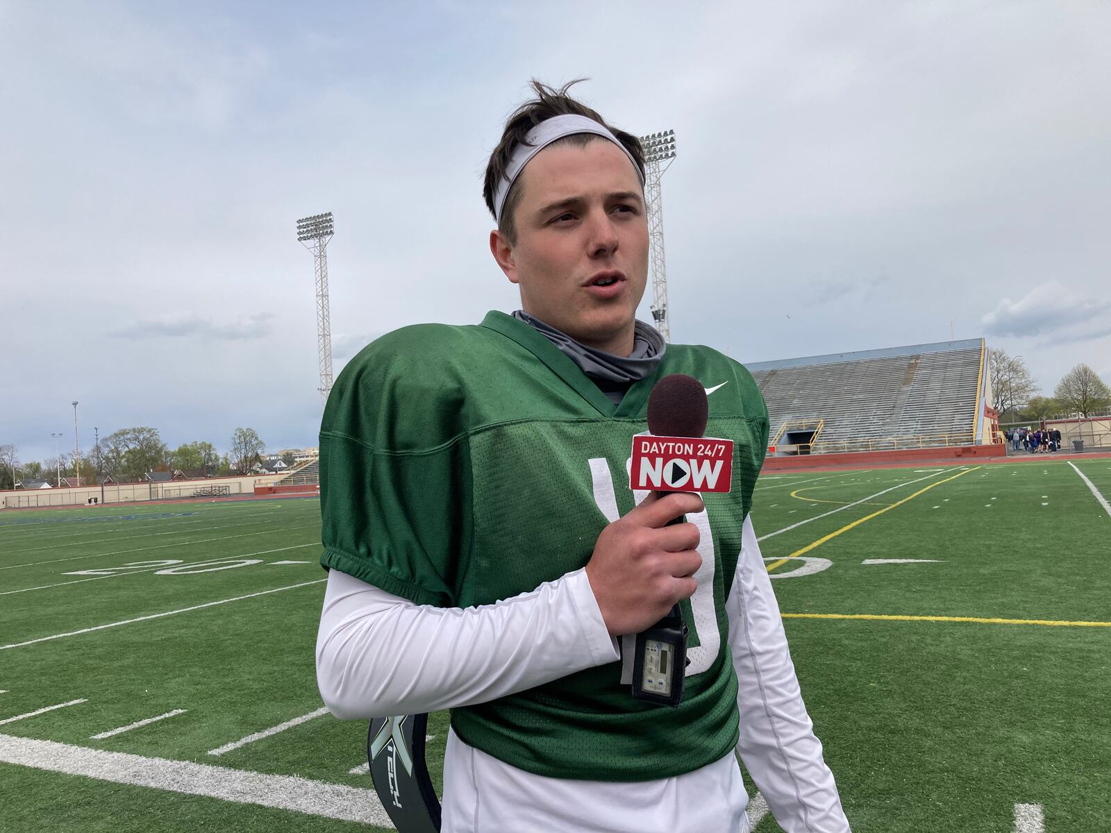 Dayton quarterback Jack Cook talks to reporters after the final football spring scrimmage against Ashland on April 17, 2021, at Welcome Stadium. David Jablonski/Staffshland on April 17, 2021, at Welcome Stadium. David Jablonski/Staff