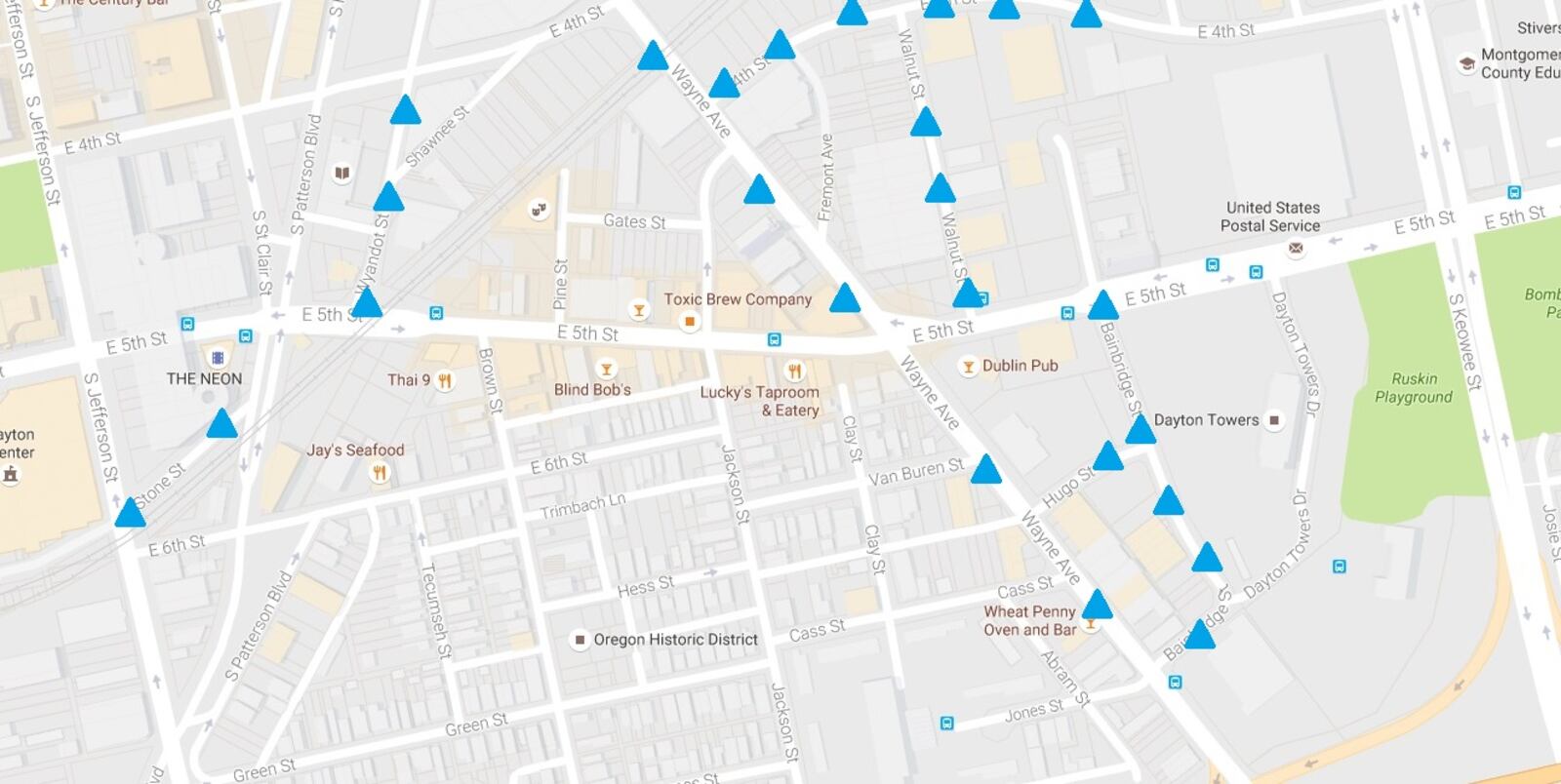 Oregon District Street view map with locations of street parking