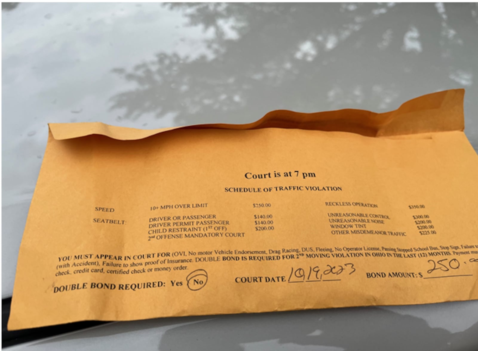 This is the envelope a motorist was given after receiving a ticket in the Clark County village of North Hampton. The amounts listed are bond forfeiture amounts for traffic offenses. The motorist opted not to plea guilty and pay the bond amount and plead his case before the Mayor's Court magistrate with the hope of a reduced charge or fine. The local mayor's court is in session twice a month. ED RICHTER/STAFF