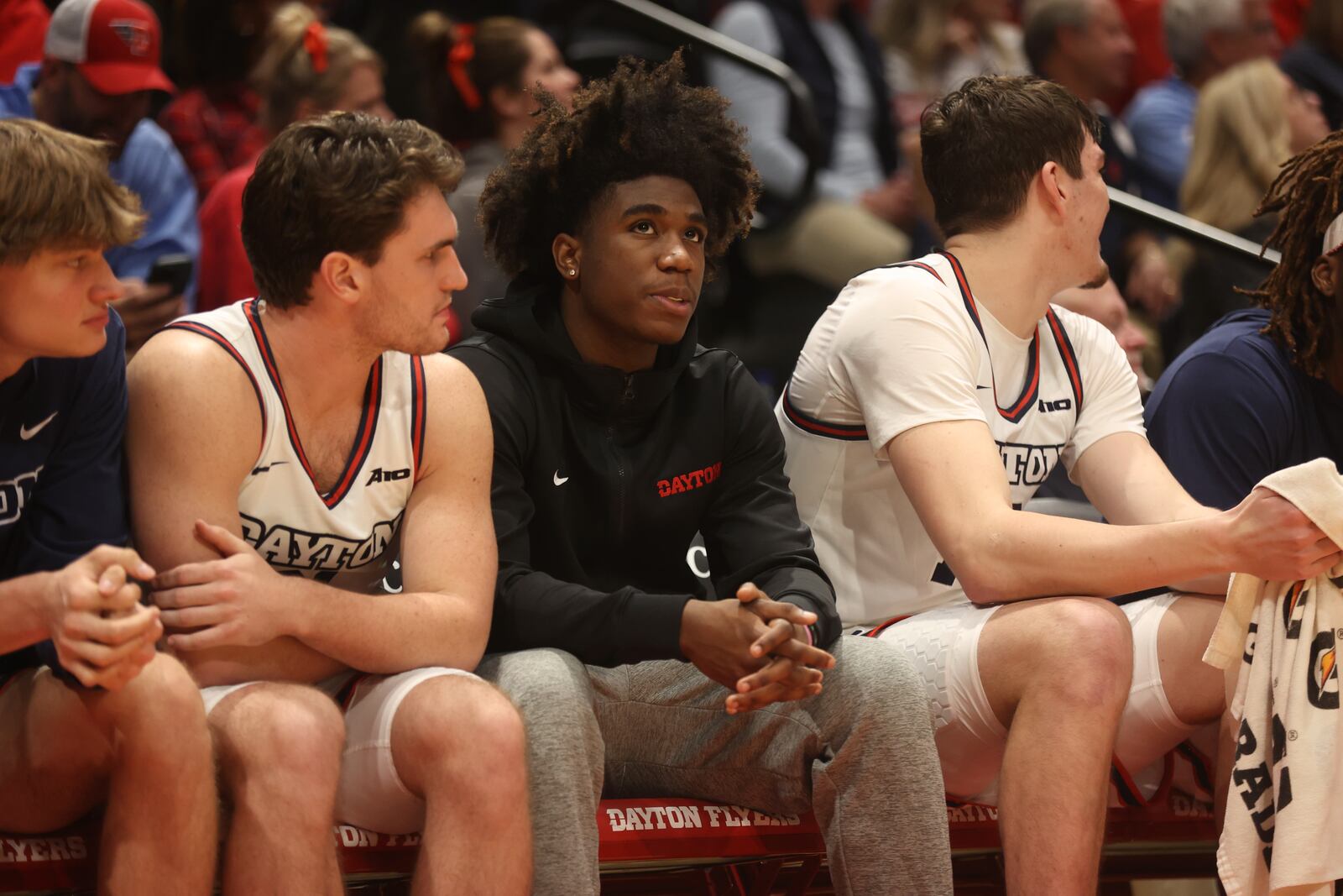 Dayton's Marvel Allen watches from the bench during a game against SIUE on Monday, Nov. 6, 2023, at UD Arena. David Jablonski/Staff