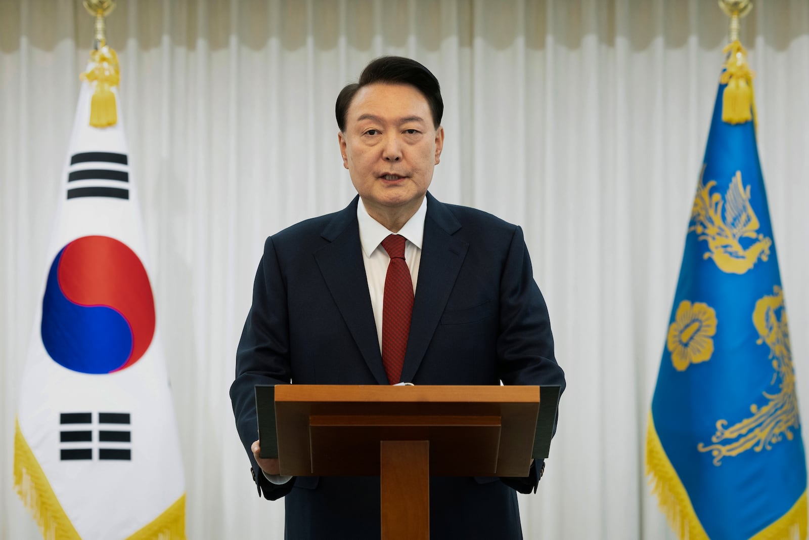 FILE - In this photo released by South Korean President Office via Yonhap, South Korean President Yoon Suk Yeol speaks at the presidential residence in Seoul, South Korea, on Dec. 14, 2024. (South Korean Presidential Office/Yonhap via AP, File)