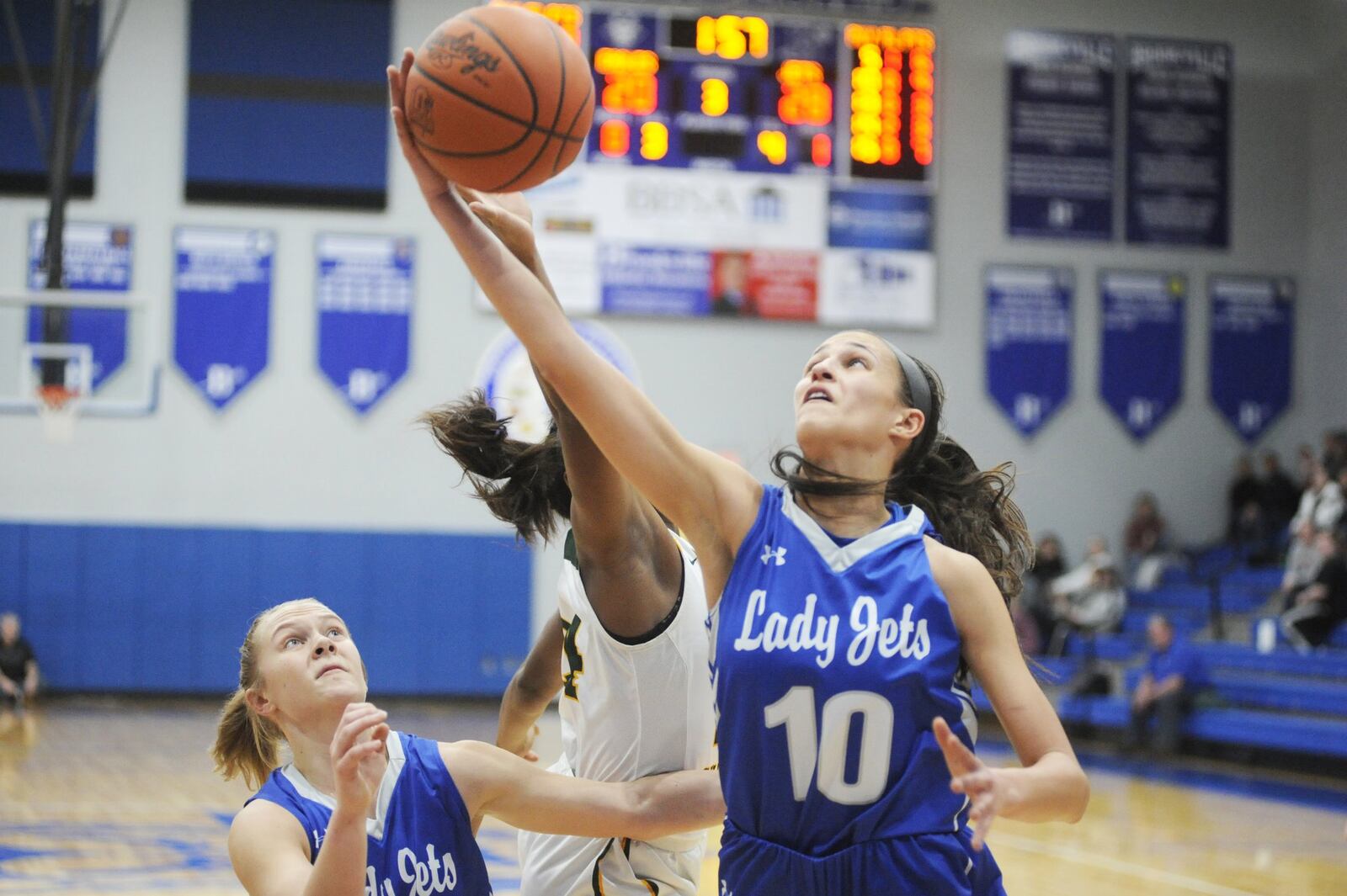 Corina Conley of Franklin Monroe snares a rebound. Franklin Monroe defeated Troy Christian 43-28 in a D-IV girls high school basketball sectional semifinal at Brookville on Wednesday, Feb. 20, 2019. MARC PENDLETON / STAFF