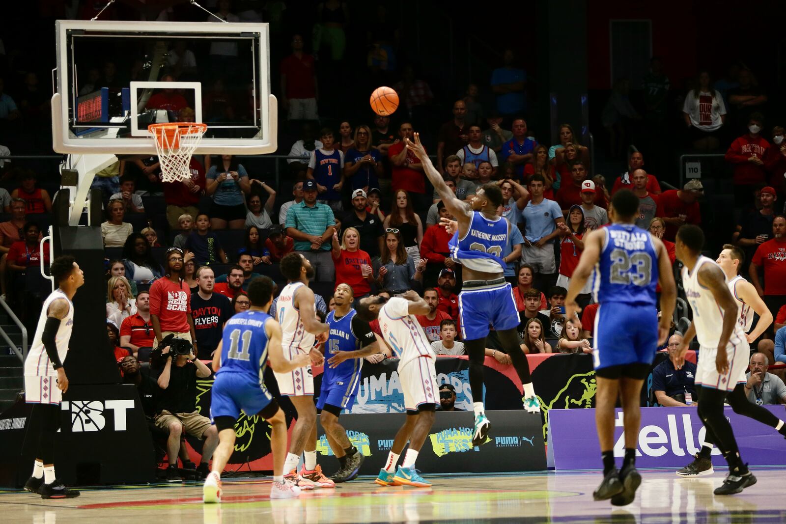 Nick Perkins, of Blue Collar U, shoots against Red Scare in the semifinals of The Basketball Tournament on Saturday, July 30, 2022, at UD Arena. David Jablonski/Staff