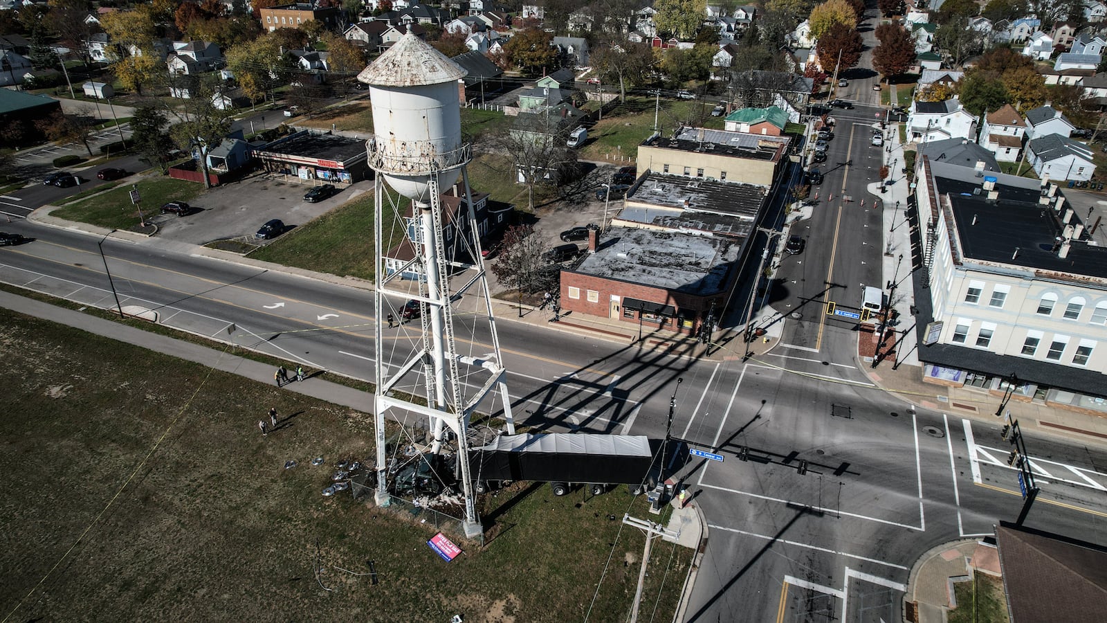 The city of West Carrollton on Wednesday, Nov. 15, 2023, is taking down a decommissioned 100,000 gallon water at the corner of West Central Avenue and South Elm Street. The city said the tower built in the 1930s was already planned for removal and is not due to the semi that crashed into it on Tuesday, Nov. 7, 2023. JIM NOELKER/STAFF