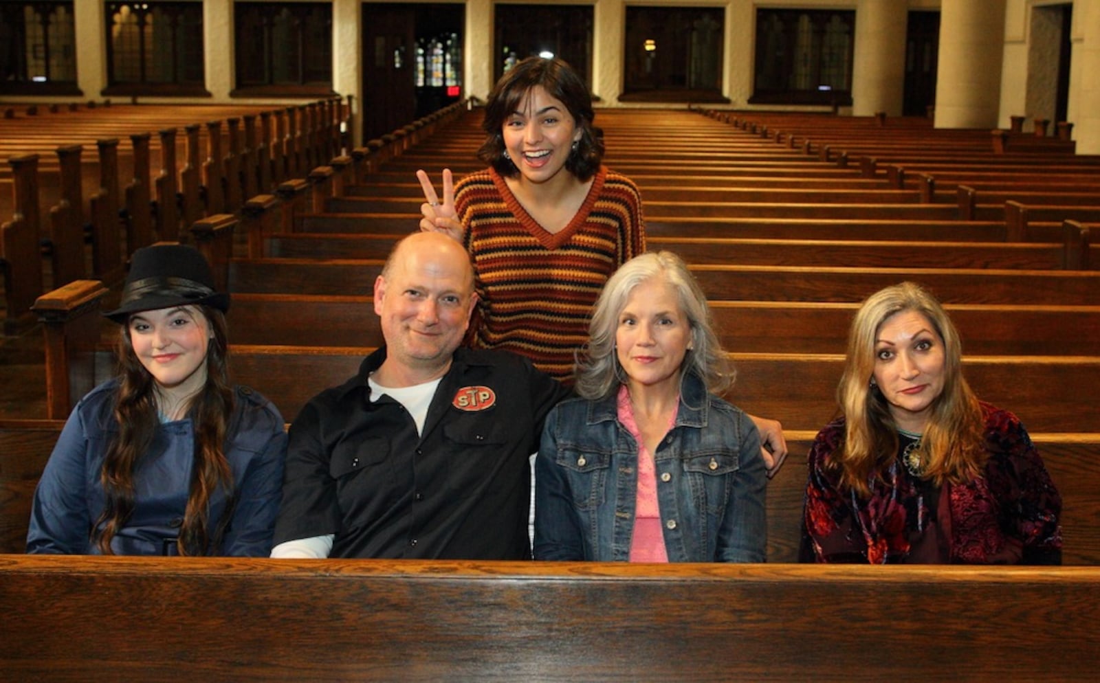 Cecily Dowd (standing) with (left to right) Lizzie Huelskamp, Jason Podplesky, Christine Brunner, and Mierka Girten are featured in the Human Race Theatre Company production of "The Incident at Our Lady of Perpetual Help," slated April 14-May 1 at the Loft Theatre. PHOTO COURTESY OF HUMAN RACE THEATRE