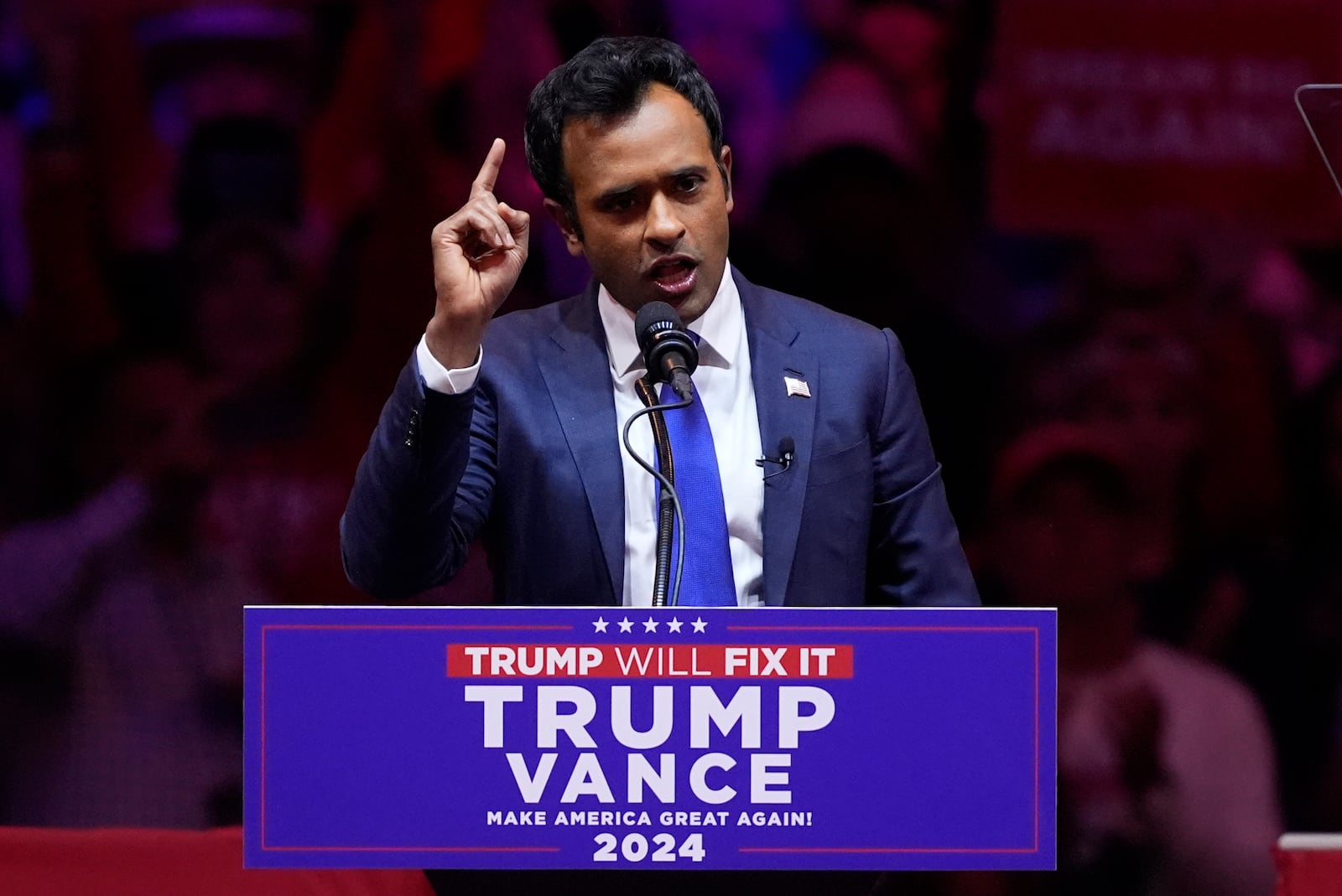 Vivek Ramaswamy speaks before Republican presidential nominee former President Donald Trump at a campaign rally at Madison Square Garden, Sunday, Oct. 27, 2024, in New York. (AP Photo/Evan Vucci)