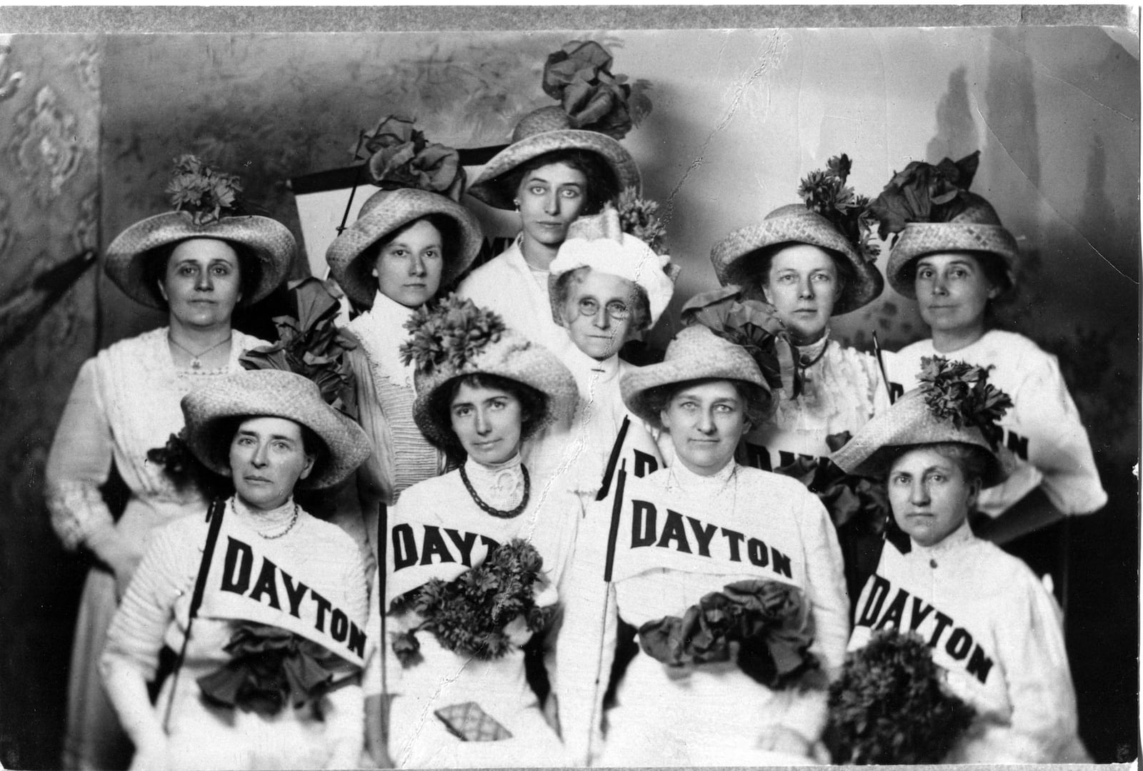 These women suffragists of Dayton marched for women's right in 1913. They are being honored at the 90th anniversary of the League of Women Voters.  The women pictured who went to Washington in 1913 were (left to right, back row) Ada Eby, Lena Bunn, Mrs. R.K. Welliver, Jane Marlay, A.K. Neibel and Miss Elizabeth Hecker. Front row, left to right: Mrs. McCrea, Mrs. Kipple Hall, Jessee Davisson and Mrs. J.E. Welliver.