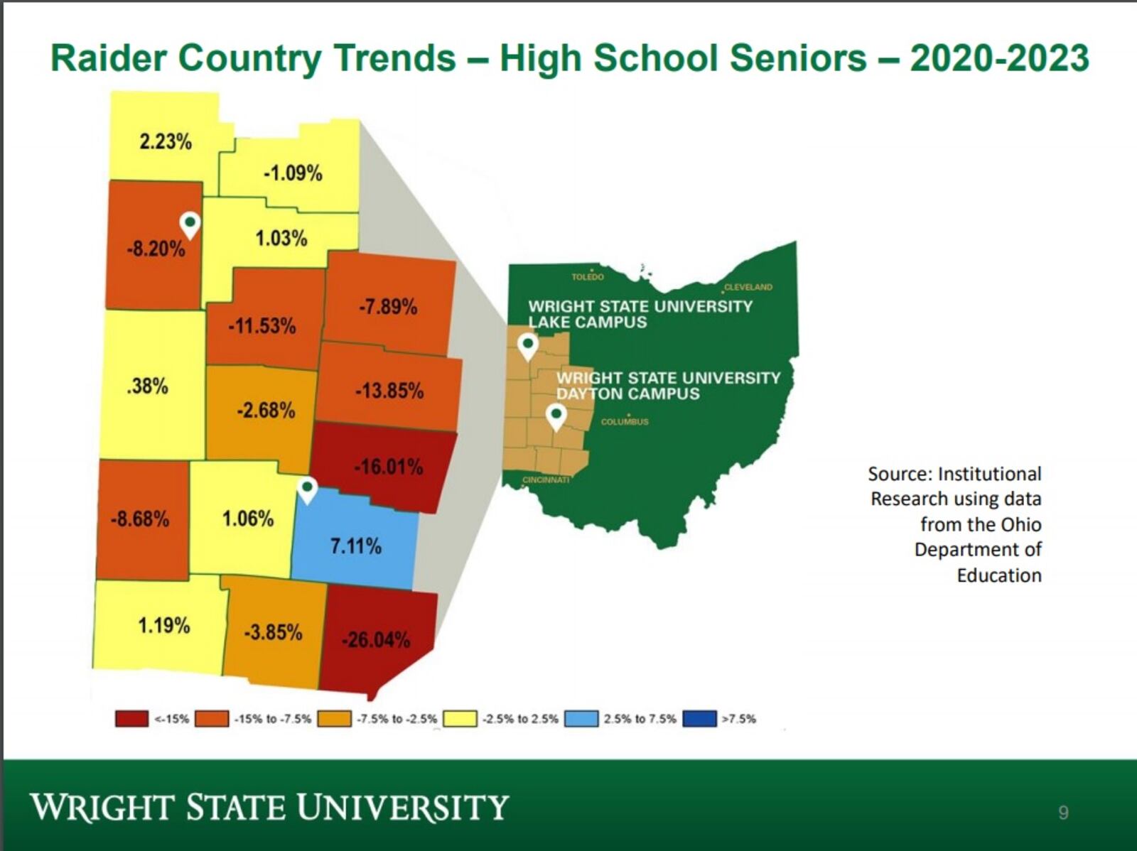 A map of the 16 counties that Wright State pulls much of their student enrollment from. The map was presented in a recent Wright State trustees meeting. CONTRIBUTED