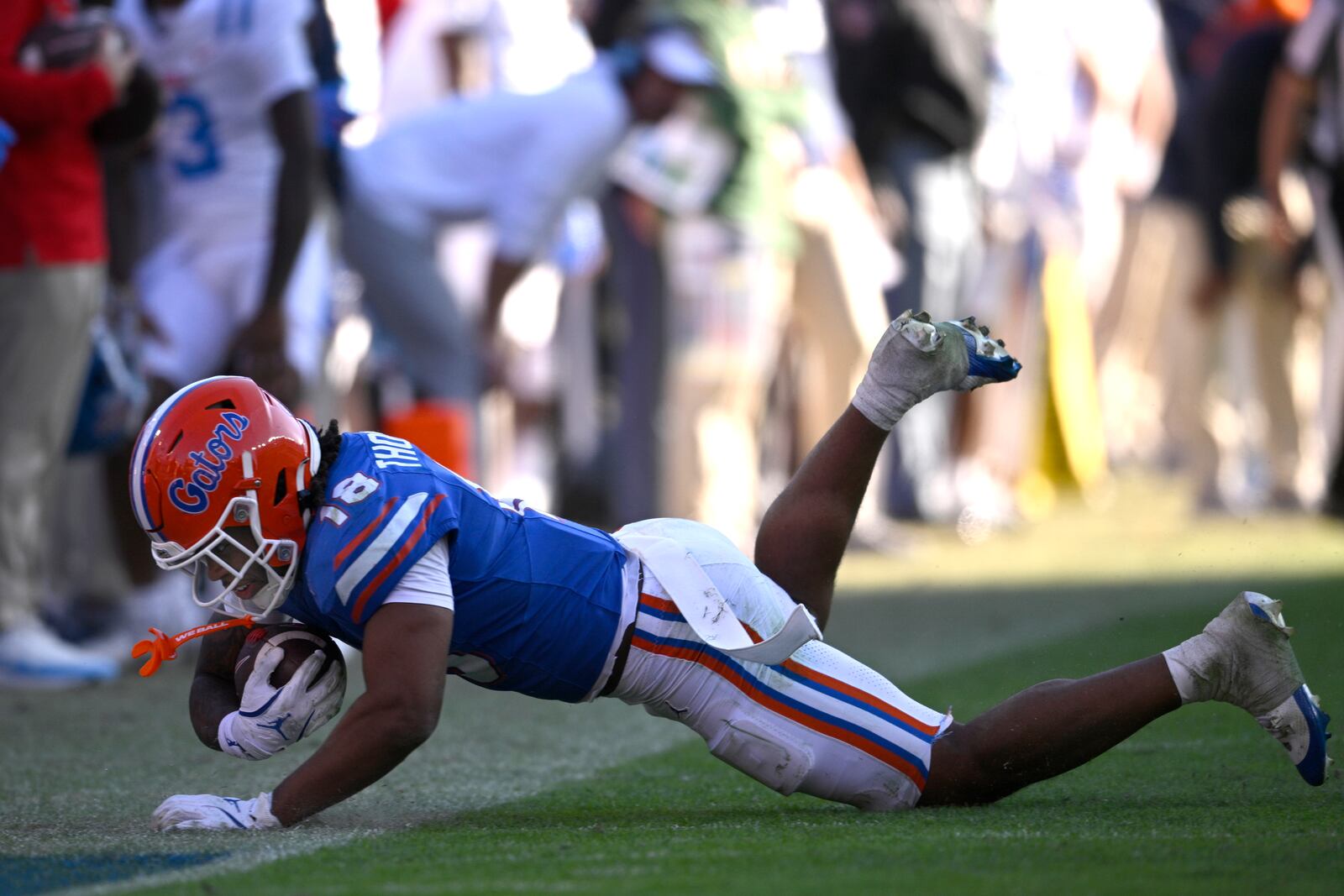 Florida defensive back Bryce Thornton (18) intercepts a pass on Mississippi's final drive during the second half of an NCAA college football game, Saturday, Nov. 23, 2024, in Gainesville, Fla. (AP Photo/Phelan M. Ebenhack)