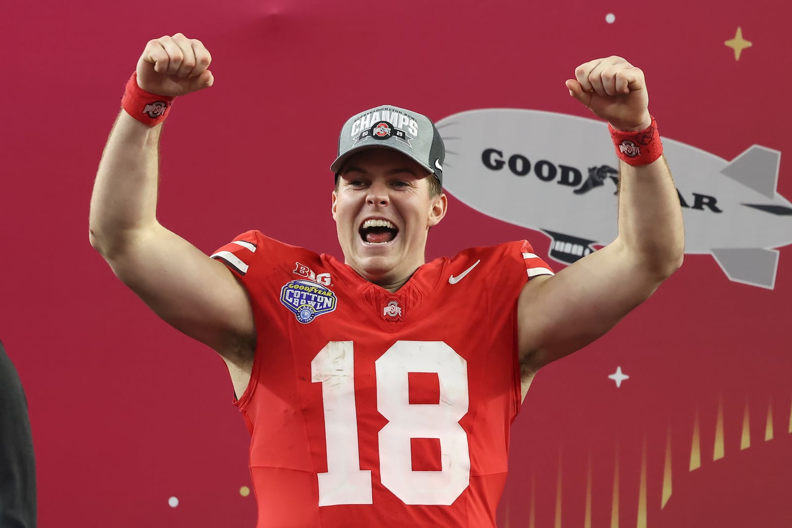 Ohio State quarterback Will Howard celebrates after the Cotton Bowl College Football Playoff semifinal game against Texas, Friday, Jan. 10, 2025, in Arlington, Texas. (AP Photo/Gareth Patterson)