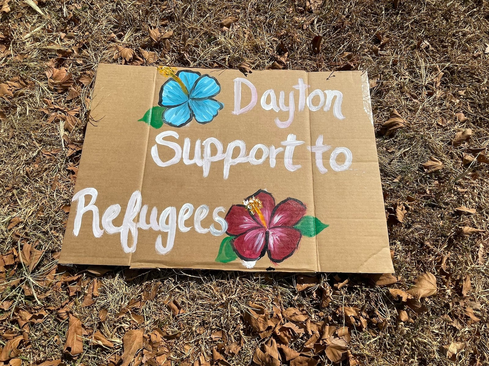 A sign shows support to Haitians in Springfield and hibiscus flowers. Hibiscus is the national flower of Haiti.