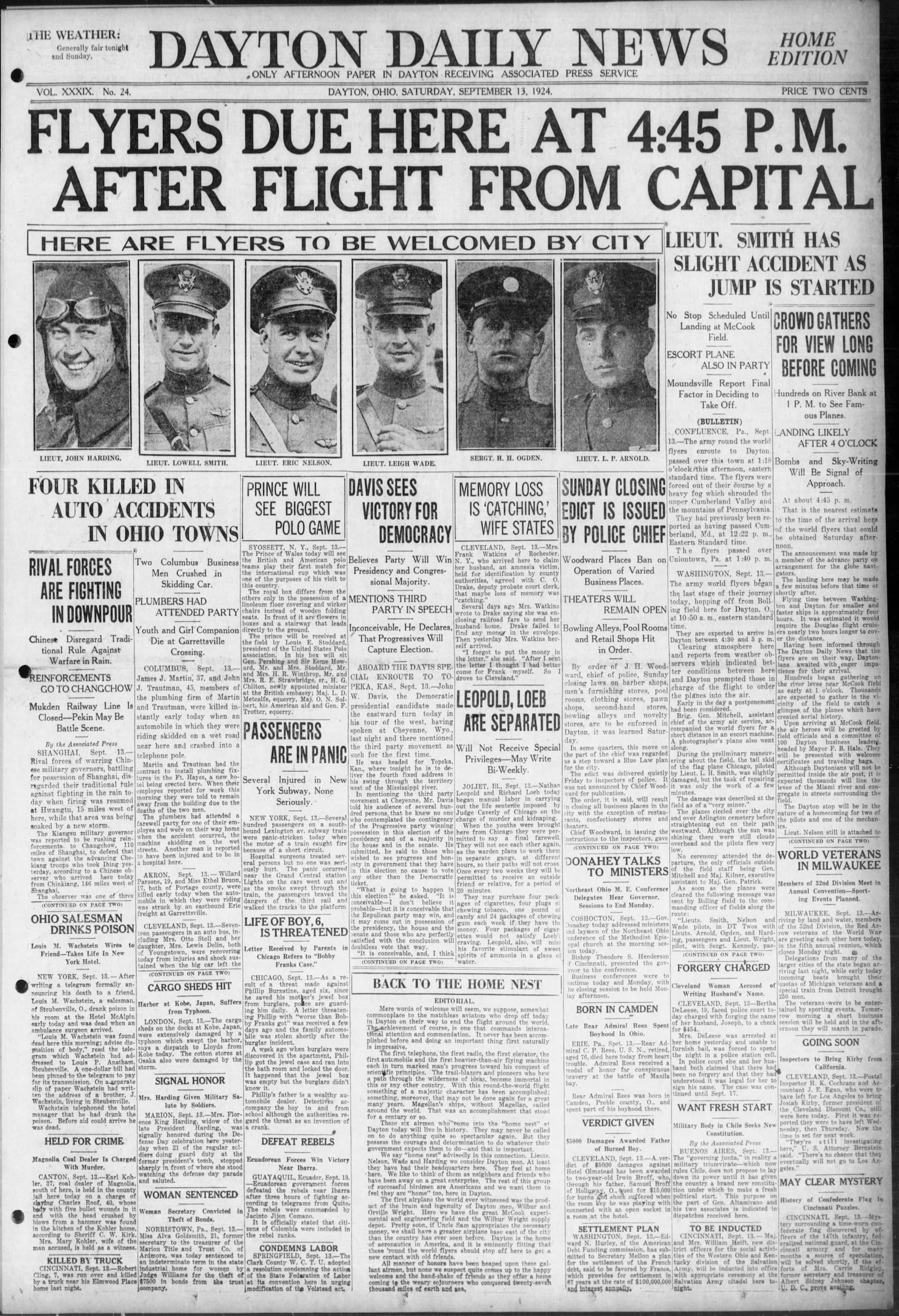 Vintage edition of the Dayton Daily News heralding the expected arrival of the World Cruiser expected at McCook Field. Shared by Mike Lentes.