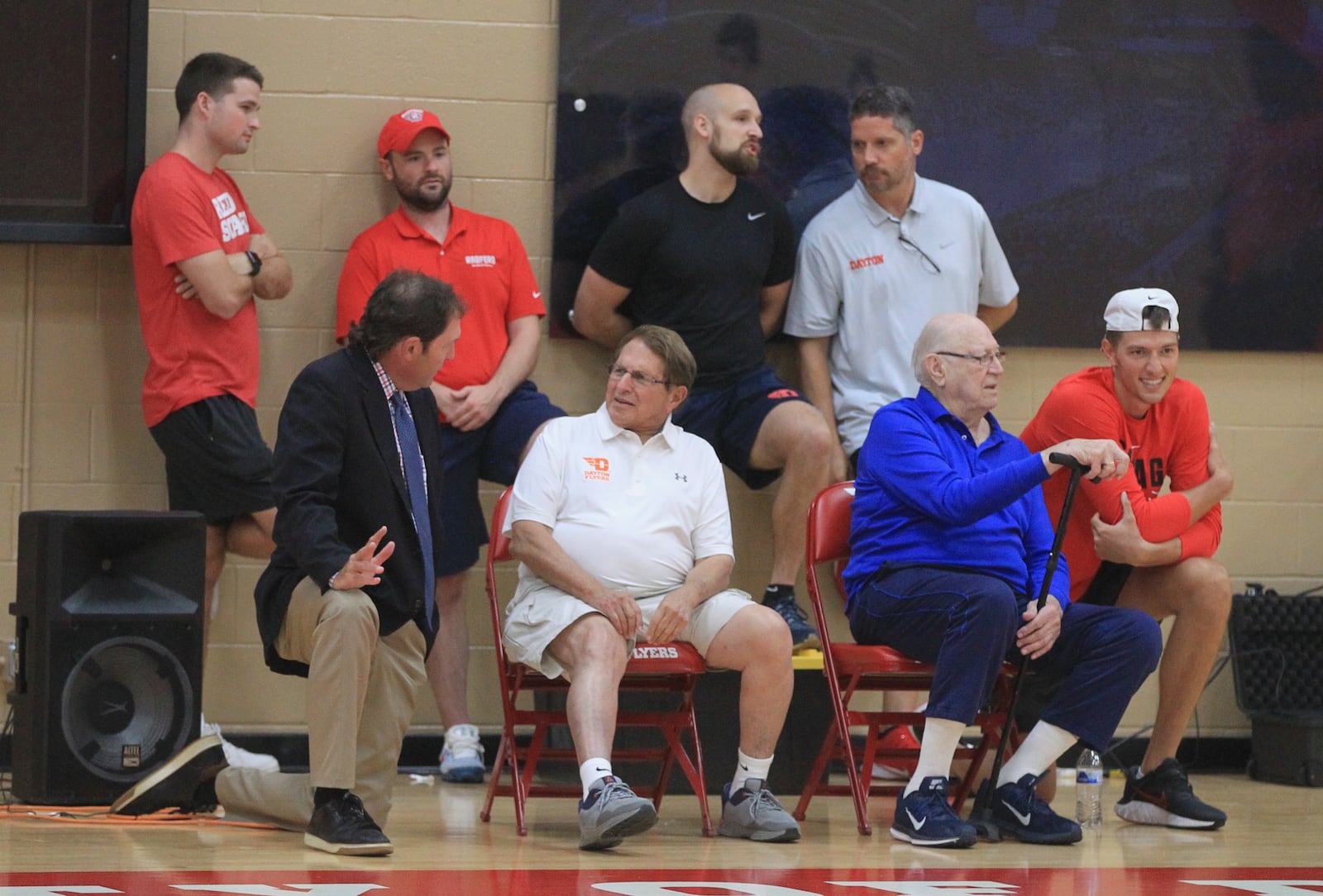 Watching the last practice of the summer season on Thursday, July 22, 2021, at the Cronin Center are: front row, left to right: Norm Grevey, Dr. Stephen Levitt, Bucky Bockhorn and Ryan Mikesell. Back row, left to right: Joey Gruden, James Haring, Casey Cathrall and Mike Mulcahey. David Jablonski/Staff