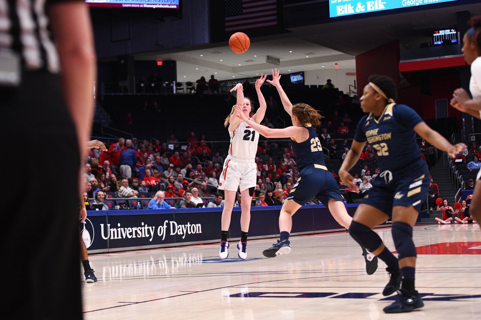 Dayton’s Erin Whalen puts up a shot against George Washington at UD Arena on Feb. 19, 2020. Erik Schelkun/CONTRIBUTED