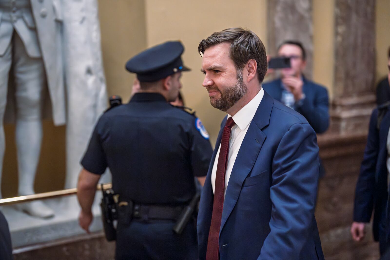 Vice President JD Vance arrives at the Capitol to meet with Republicans after President Donald Trump threw the Senate GOP budget plan into turmoil, in Washington, Wednesday, Feb. 19, 2025. (AP Photo/J. Scott Applewhite)