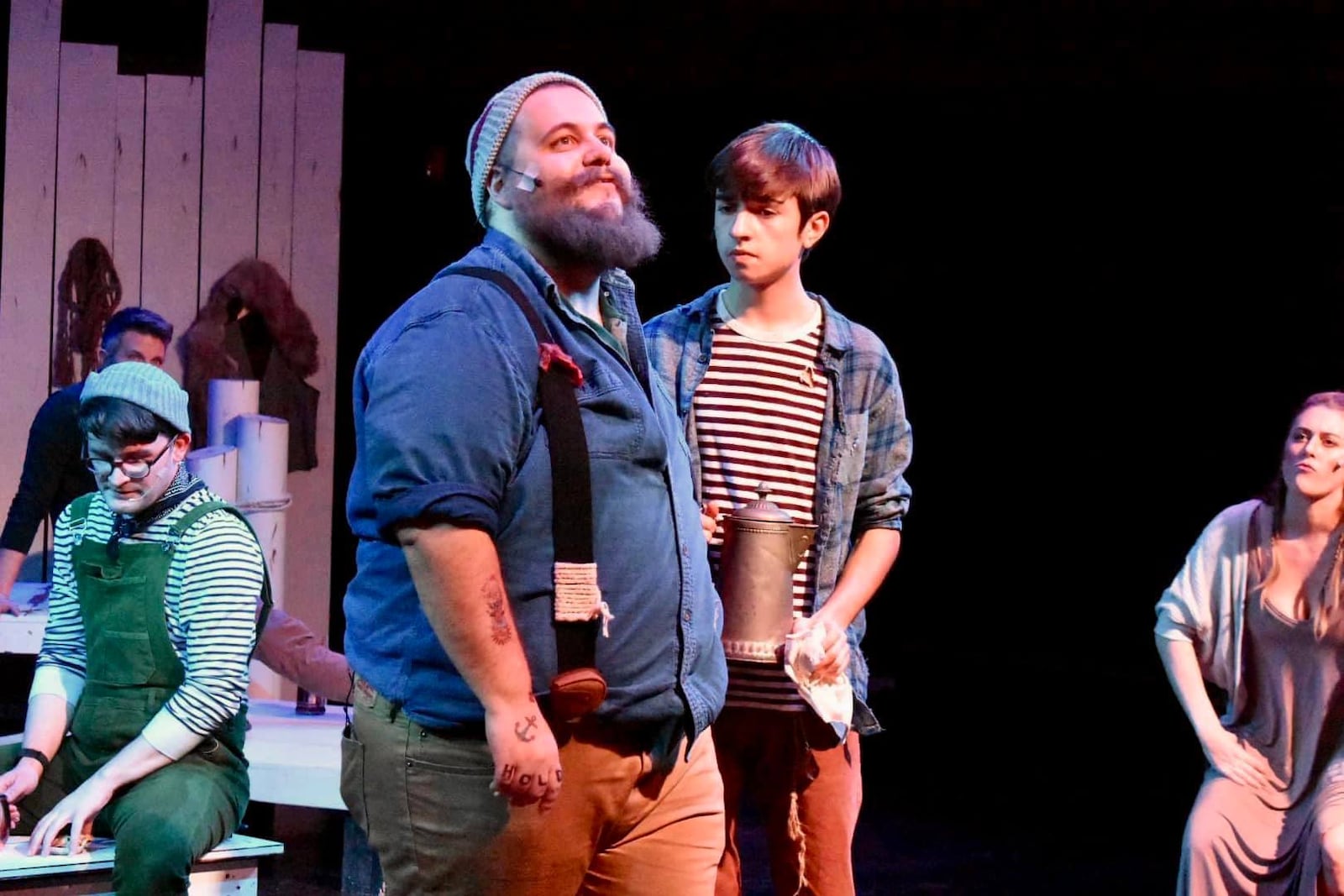 (L to R): Garrett Young (Storyteller), Skyler McNeely (Doggy), Ben Locke (Charlie) and Allie Haines (Storyteller) in TheatreLab Dayton's production of "Charlie and Doggy and the Song at the Edge of the World," a 2021 recipient of a Special Projects Grant from the Montgomery County Arts and Cultural District and Culture Works.