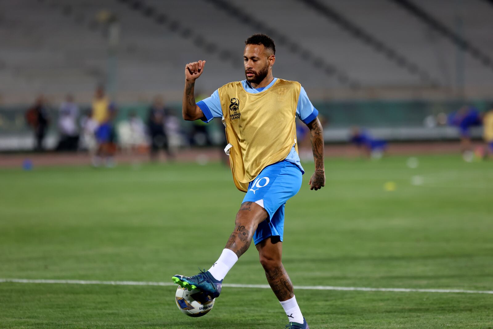 FILE - Al Hilal's Neymar shoots the ball during warm up for the AFC Champions League soccer match against Iran's Nassaji at the Azadi Stadium in Tehran, Iran, Oct. 3, 2023. (AP Photo, File)