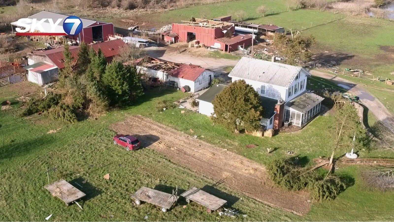 This aerial photo shows the farm of James and Mary Ann Barr, 1045 Ludlow Rd., Beavercreek Twp. after it was badly damaged in an April 3, 2018. On Monday, May 27, 2019 another tornado damaged the farm. WHIO drone photo