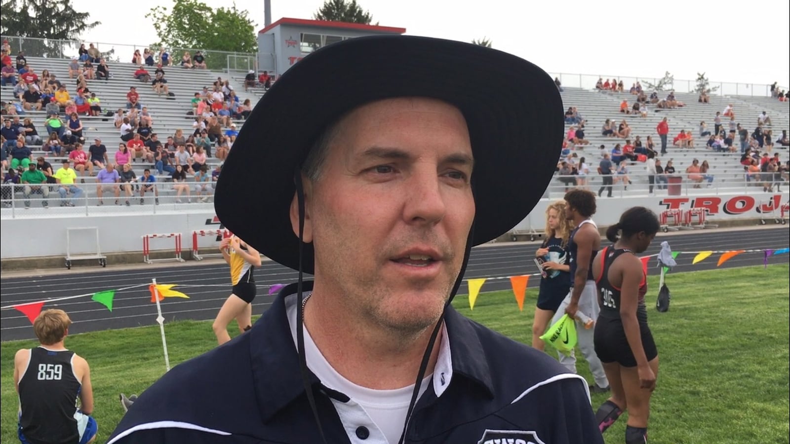 GWOC commissioner Eric Spahr addresses the 10 teams that will leave the GWOC and reform the MVL during GWOC track and field championships at Troy’s Memorial Stadium on Friday, May 11, 2018. MARC PENDLETON / STAFF