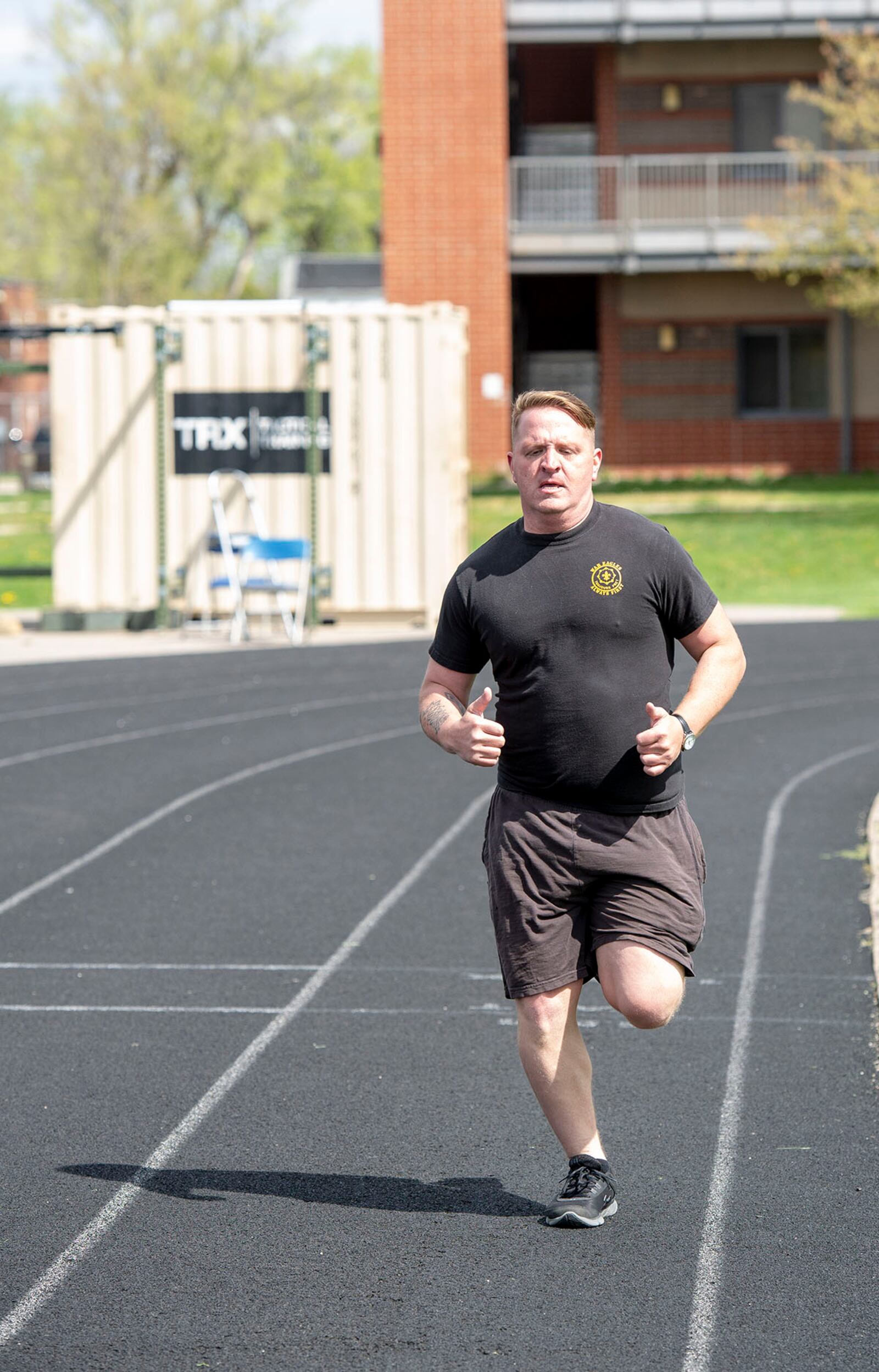 Army Spc. Jacob Bruce, National Air and Space Intelligence Center intelligence analyst, completes a lap around the track April 15 during a timed event at the All-Star Fitness Challenge on Wright-Patterson Air Force Base. U.S. AIR FORCE PHOTO/WESLEY FARNSWORTH