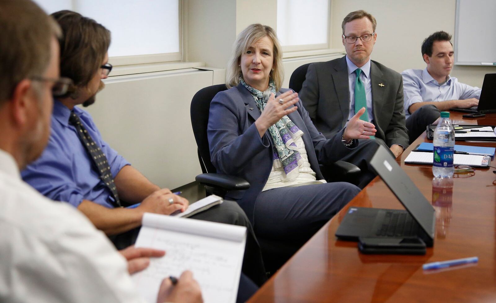 New Wright State University president Cheryl Schrader stopped in at Cox Media Group Ohio on Thursday to talk about her plans for the university. TY GREENLEES / STAFF