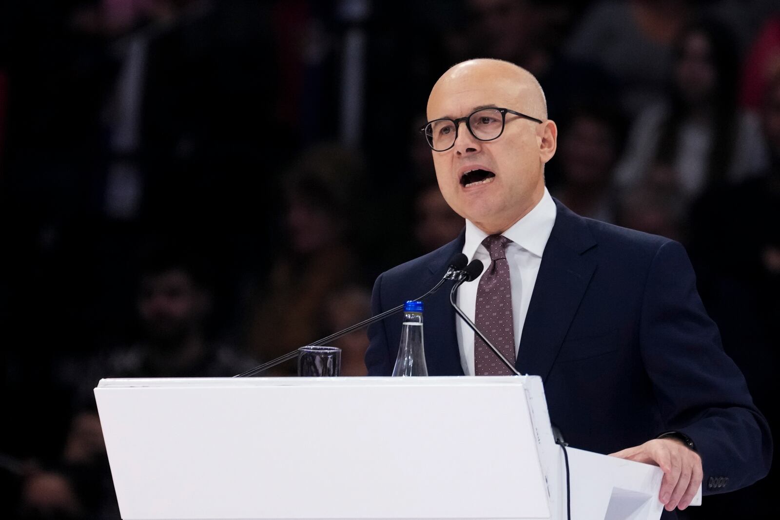 Outgoing Serbian Prime Minister Milos Vucevic speaks during a pre-election rally of his ruling Serbian Progressive Party in Belgrade, Serbia, Saturday, Dec. 2, 2023. Vucevic steps down as anti-corruption protests persist over a deadly concrete canopy fall in the northern Serbian city of Novi Sad three months ago, killing 15 people. (AP Photo/Darko Vojinovic)