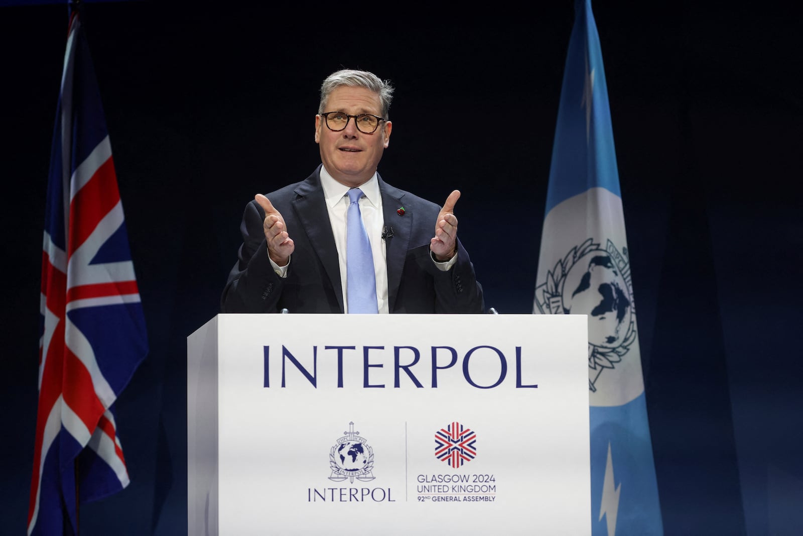 British Prime Minister Keir Starmer delivers a speech at the Interpol General Assembly in Glasgow, Scotland, Britain, Nov. 4, 2024. Russell Cheyne/Pool Photo via AP)