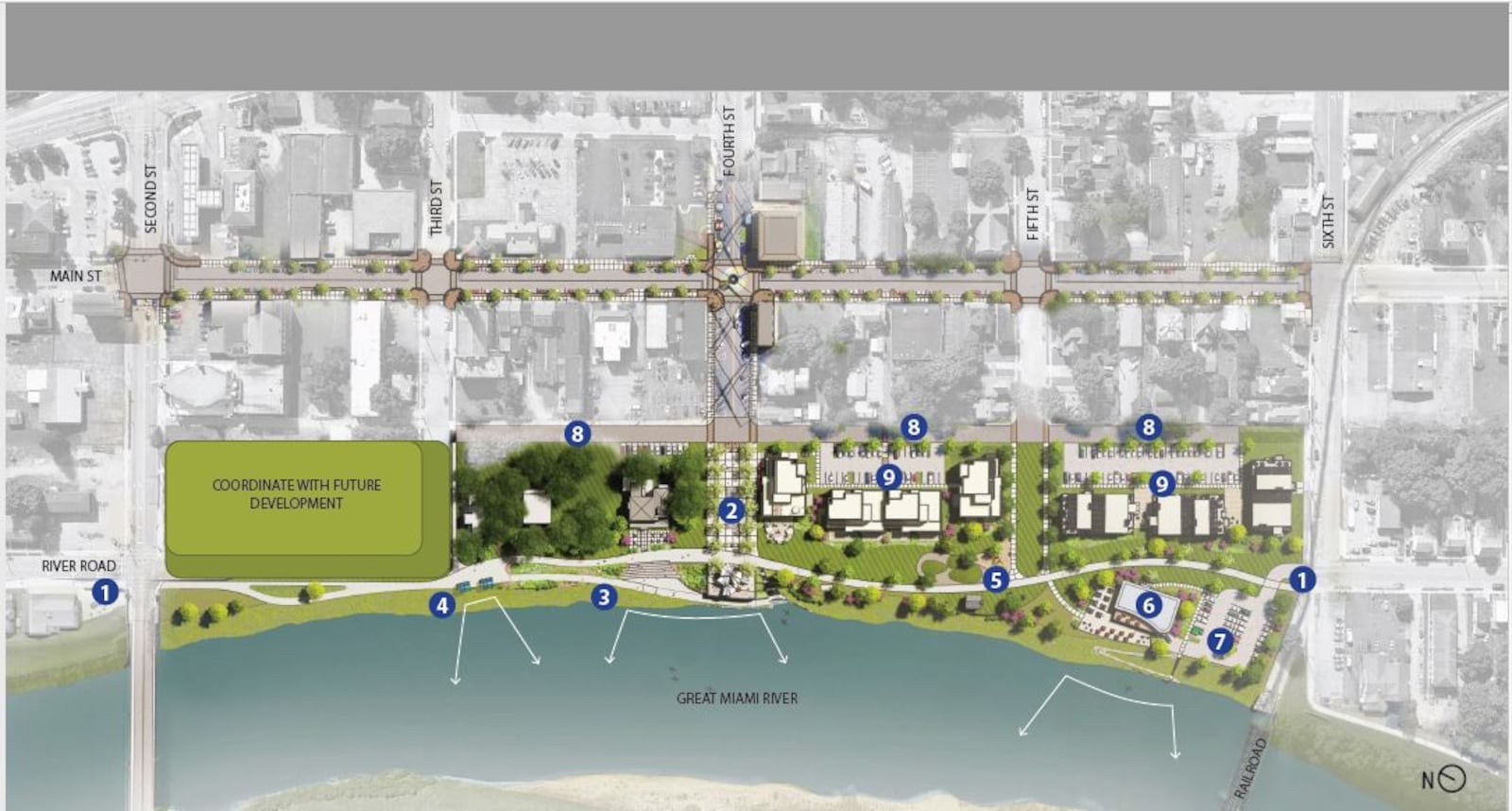 This is an artist's conception of the major features of the proposed Franklin plan to revitalize the east shore of the Great Miami River. Those features include: 1- a multi-purpose path connection; 2 - extend civic realm from Fourth Street crossroads to festival street with an interactive plaza/water feature and grand overlook at the Great Miami River; 3 -accessible path connecting upper paths with terraced seating and river access; 4 -riverview swings; 5 - history-themed play environment and picnic grove at Log Cabin; 6 - a brewery/restaurant with river views and outdoor dining terrace; 7 - parking and kayak access path to river; 8 - widened alleys; and 9- space for future development. East of the riverfront is the revitalized Main Street corridor which will become a two-way street through Franklin. CONTRIBUTED/CITY OF FRANKLIN