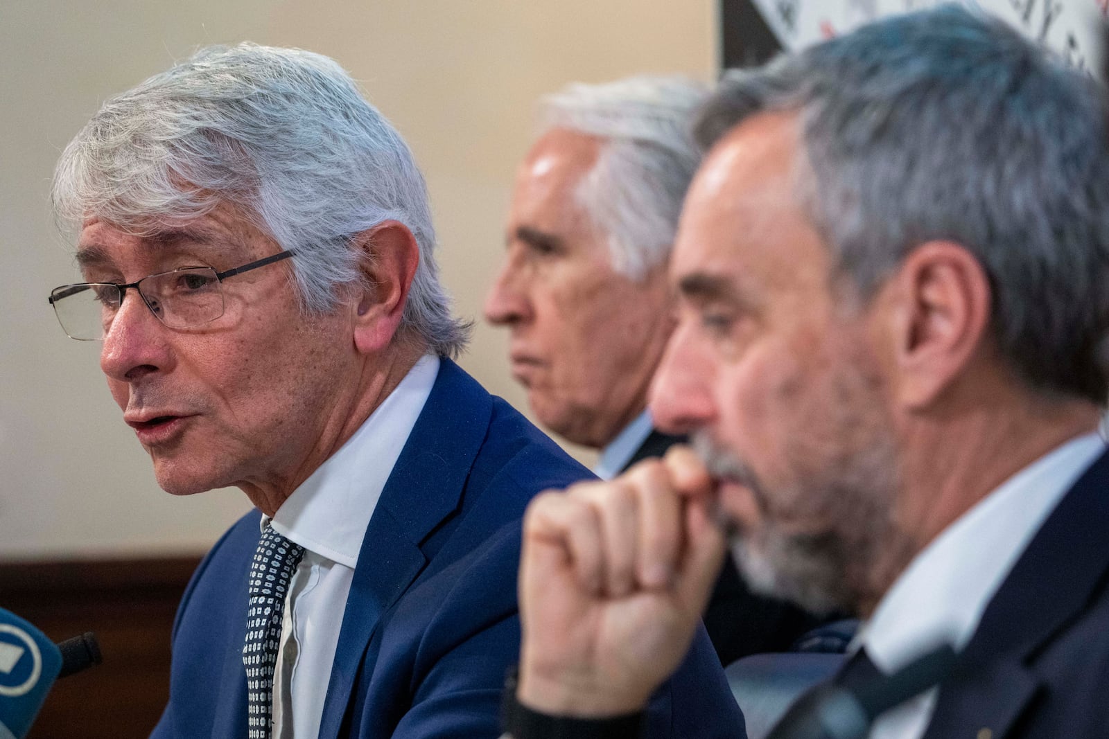 From left, Italian MInister of Sports Andrea Bodi, Milano Cortina 2026 Foundation President Giovanni Malago and Foundation CEO Andrea Vernier attend a press conference at the Foreign Press Club in Rome, Tuesday, Feb. 18, 2025, on the next Winter Olympic Games that will start in Italy in February 2026. (AP Photo/Domenico Stinellis)