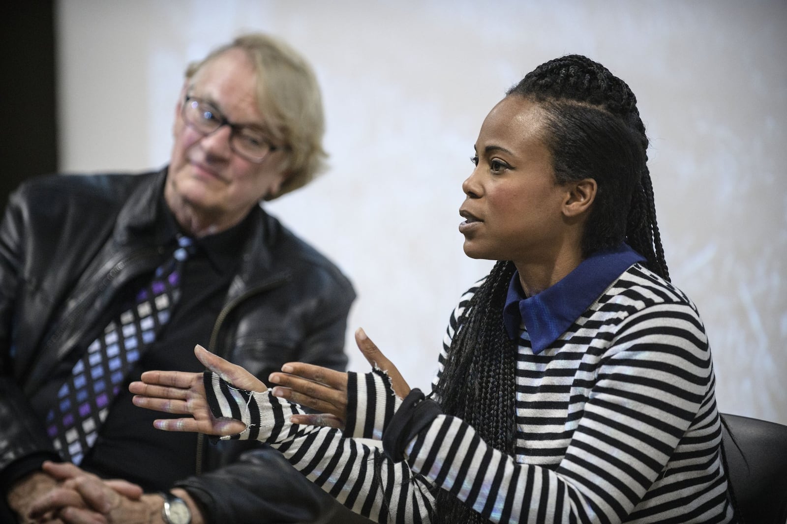 Production designer Hannah Beachler, who grew up in Dayton, chats with students at Wright State. Her next film is “Black Panther.” CONTRIBUTED