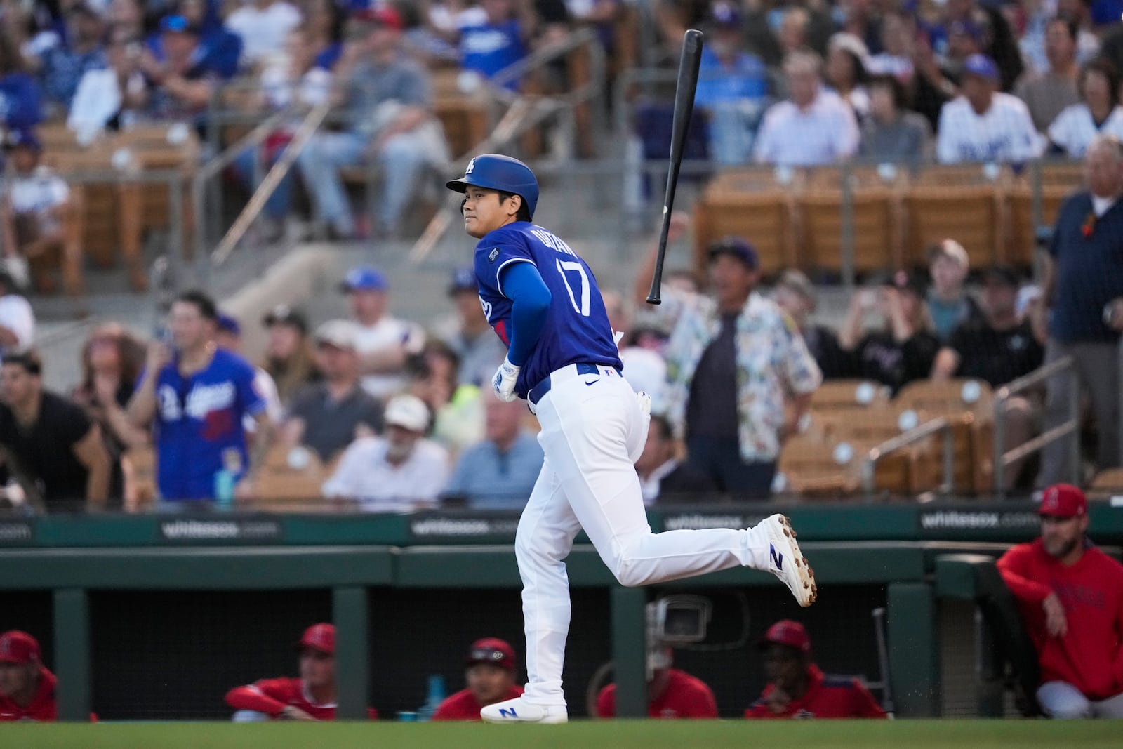 Los Angeles Dodgers designated hitter Shohei Ohtani tosses his bat after hitting a home run during the first inning of a spring training baseball game Los Angeles Angels, Friday, Feb. 28, 2025, in Phoenix. (AP Photo/Ashley Landis)