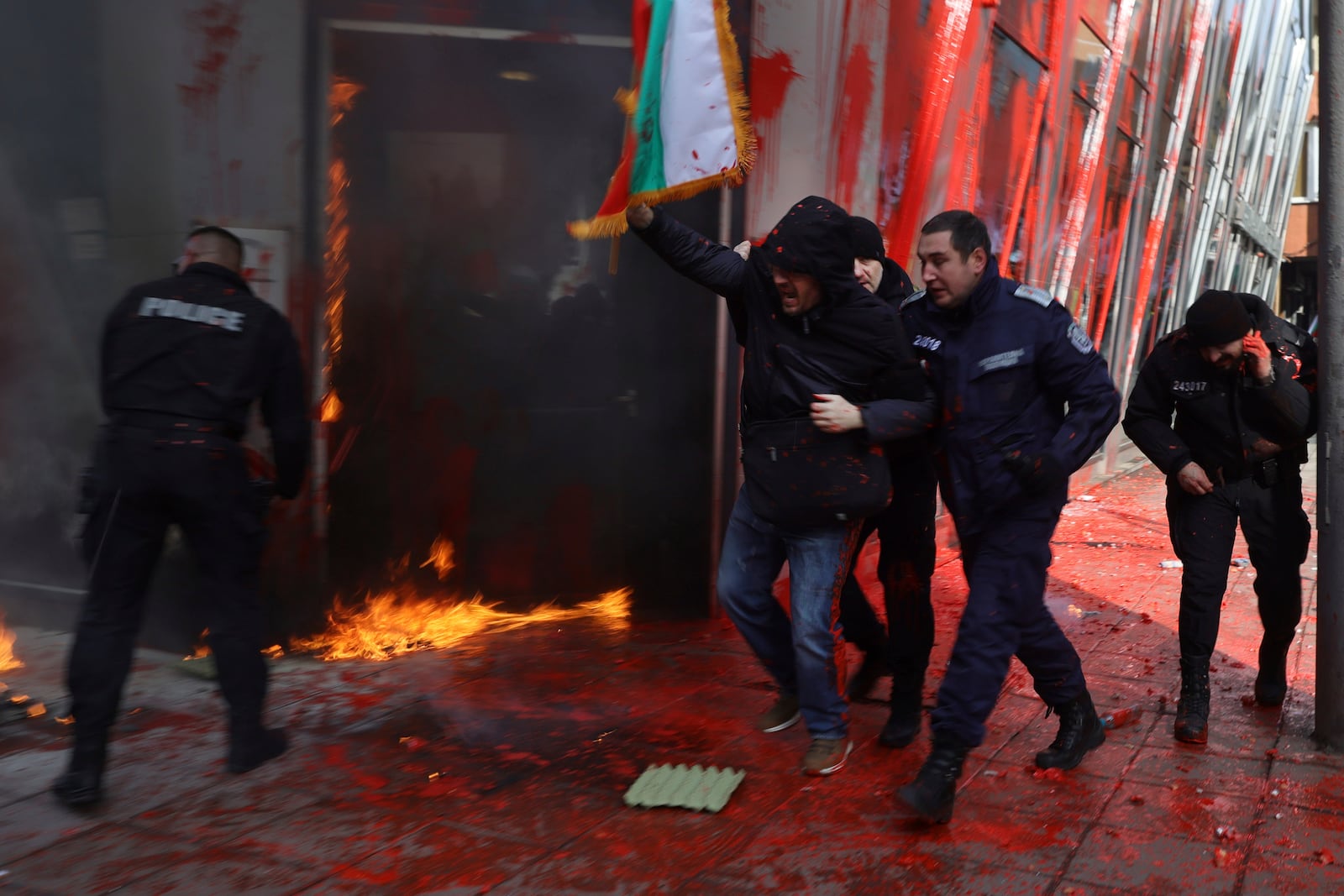 Policemen arrest a protester during clashes with nationalist protesters who demanded the government to scrap plans to take the country into the eurozone, in Sofia, Saturday, Feb. 22, 2025. (AP Photo/Valentina Petrova)