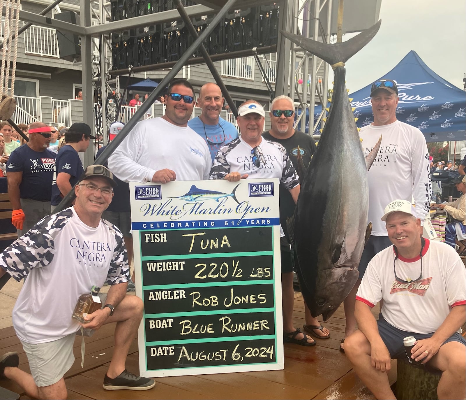 Team Buckeye Tuna – (left to Right) Lance Gildner; mate Drew Kegreiss; Jarrod Keely; Rob Jones; Captain Mark DeBlasio; Dave Dunton; and Jamie Greer – with the 220.5 pound bigeye tune that won the tuna division of the White Marlin Open and paid $1,007,012.00. The Ocean City, Maryland tournament is the biggest and richest billfish tournament in the world. CONTRIBUTED