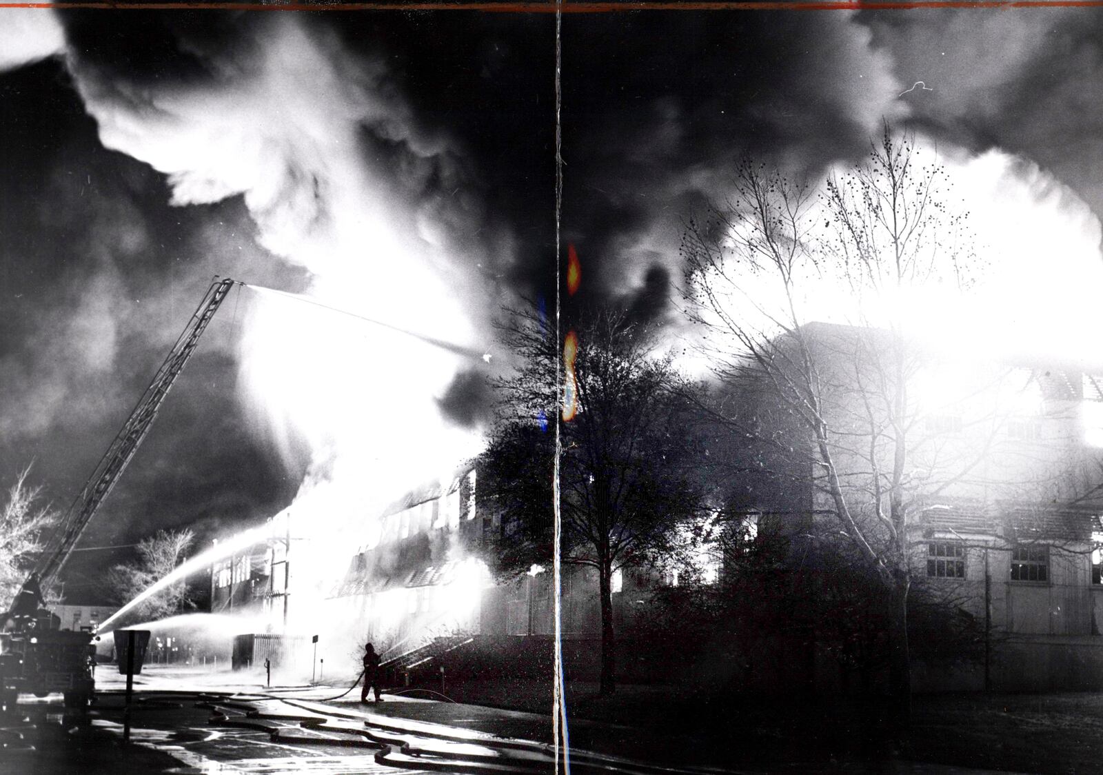 Two firefighters lost their lives when the Air Force Logistics Command headquarters annex, Building 262-A, burned Nov. 22, 1961 at Wright-Patterson Air Force Base. According to a newspaper report at the time, the worst ever base fire âreduced a three story frame building covering nearly the area of a football field to a pile of smoldering charcoal.â Just four days later, another fire on the base destroyed three buildings and damaged four. DAYTON DAILY NEWS FILE PHOTO