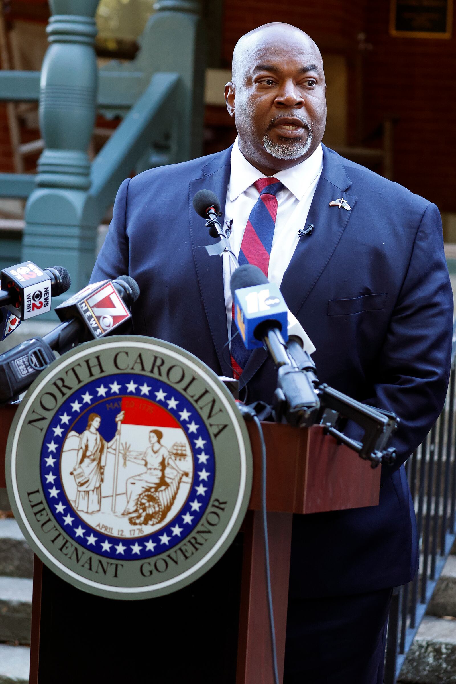 North Carolina Lt. Gov. Mark Robinson speaks at a news conference in Raleigh, N.C., Tuesday, Oct. 15, 2024. (AP Photo/Karl B DeBlaker)