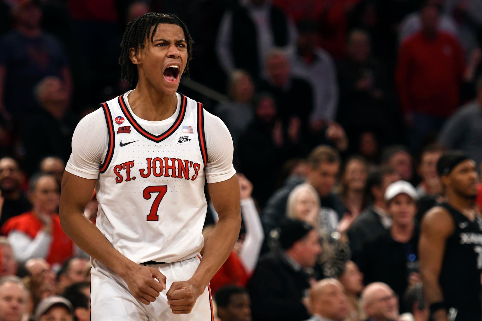 St. John's guard Simeon Wilcher (7) yells during the second half of an NCAA college basketball game against Xavier, Wednesday, Jan. 22, 2025, in New York. (AP Photo/Pamela Smith)