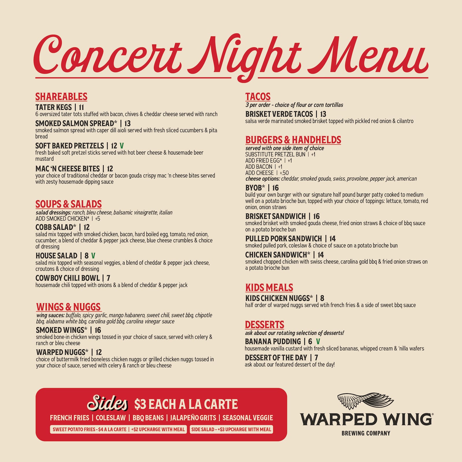 As the Rose Music Center at The Heights kicks off its concert season this week, Warped Wing is launching a concert night food menu at its brewery and smokery (CONTRIBUTED PHOTO).