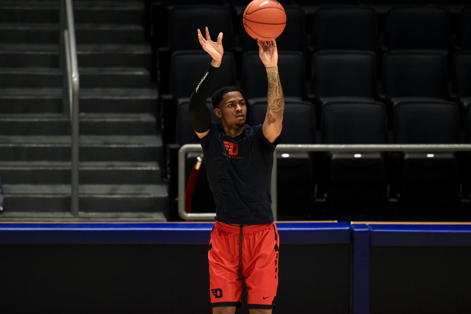 Dayton's Elijah Weaver shoots during practice at UD Arena on Thursday, Nov. 5, 2020. David Jablonski/Staff