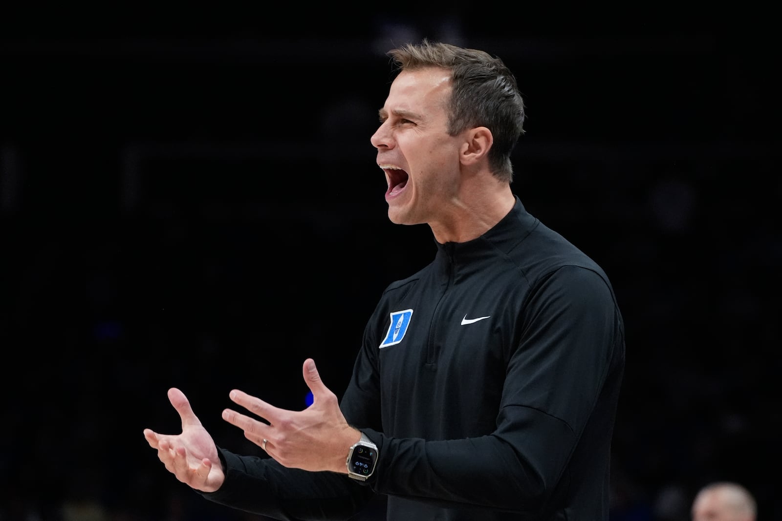 Duke head coach Jon Scheyer reacts on the sideline during the first half of an NCAA college basketball game against Kentucky, Tuesday, Nov. 12, 2024, in Atlanta. (AP Photo/John Bazemore )