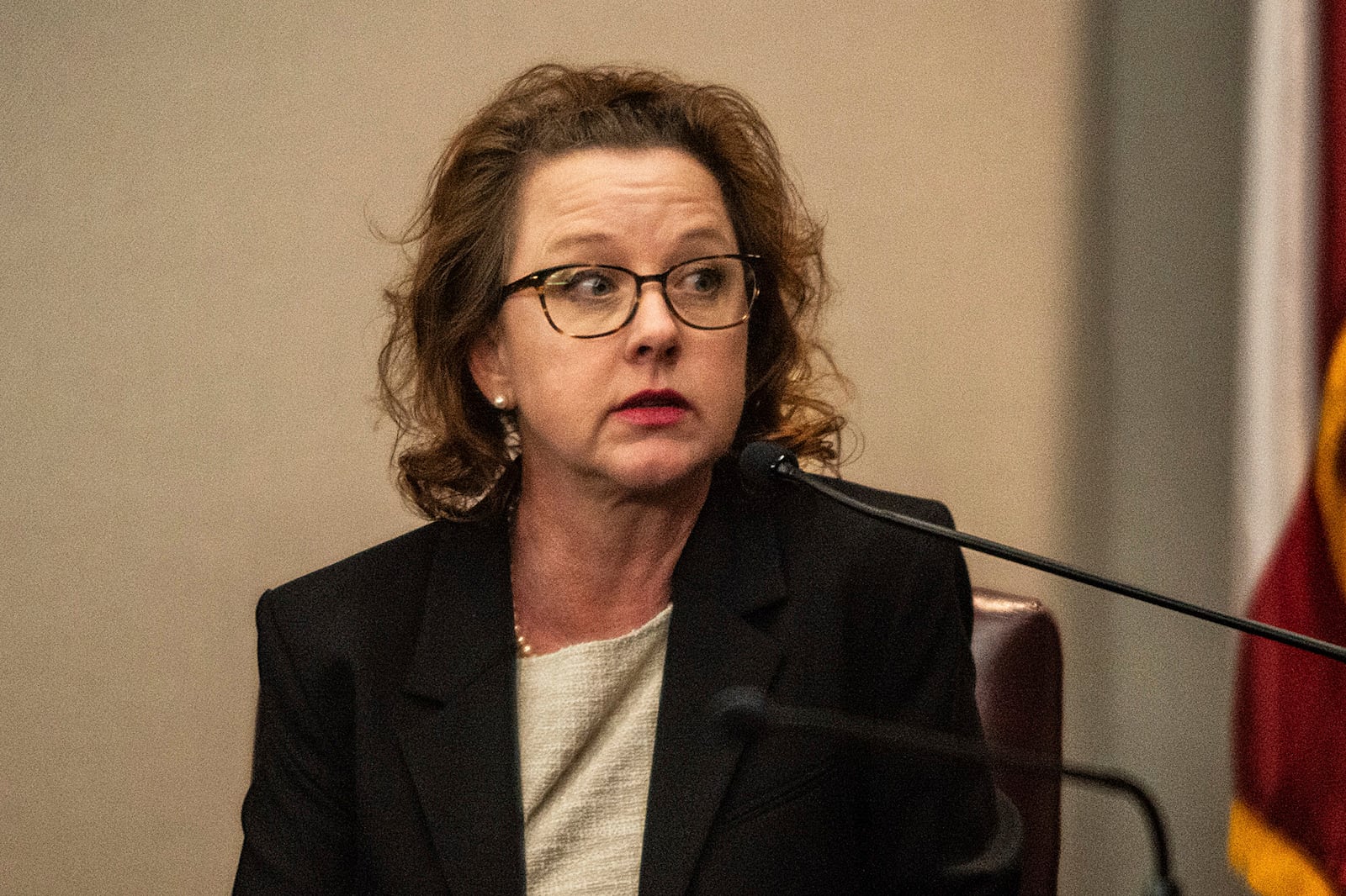 Jackie Johnson testifies in her own behalf in her trial on the single remaining charge of violating her oath of office, Tuesday, Feb. 4, 2025, in Brunswick, Ga. (Terry Dickson/The Brunswick News via AP, Pool)