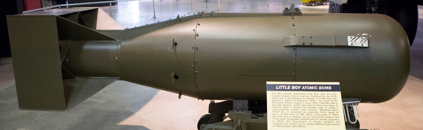 The Mk I bomb, nicknamed "Little Boy," was the first nuclear weapon used in warfare. It was delivered by the B-29 Enola Gay (on display at the Smithsonian National Air & Space Museum), it detonated at an altitude of 1,800 feet over Hiroshima, Japan, on Aug. 6, 1945. The result of the Manhattan Project, begun in June 1942, "Little Boy" was a gun-type weapon, which detonated by firing one mass of uranium down a cylinder into another mass to create a self-sustaining nuclear reaction. Weighing about 9,000 pounds, it produced an explosive force equal to 20,000 tons of TNT.  TY GREENLEES / STAFF