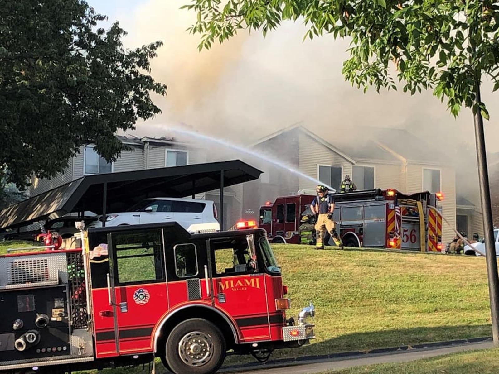 Crews from four fire departments responded to a large fire Aug. 13, 2021, at Centerville Park Apartments off Sidneywood Drive in West Carrollton.